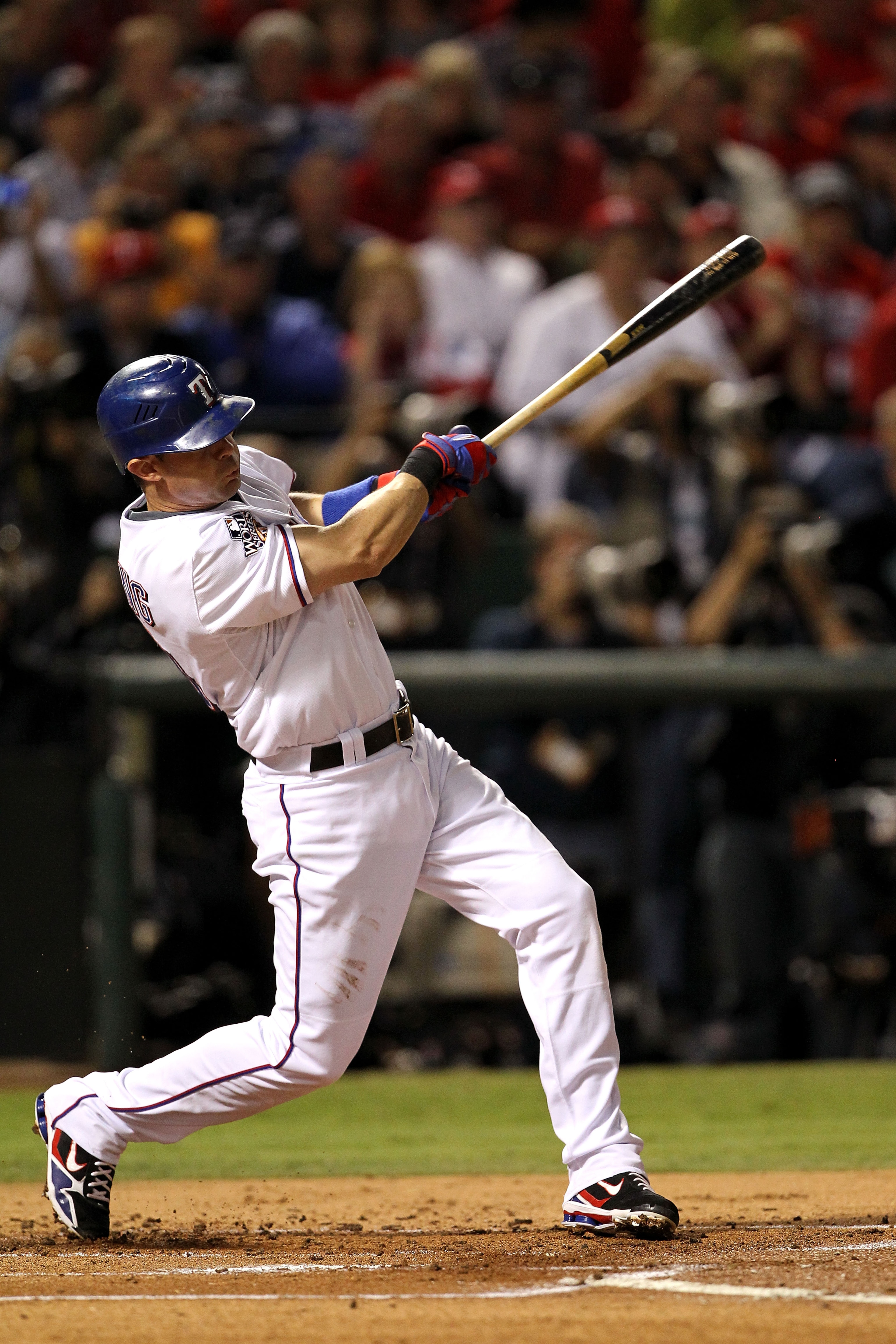ARLINGTON, TX - NOVEMBER 01:  Michael Young #10 of the Texas Rangers bats against the San Francisco Giants in Game Five of the 2010 MLB World Series at Rangers Ballpark in Arlington on November 1, 2010 in Arlington, Texas. The Giants won 3-1.  (Photo by R