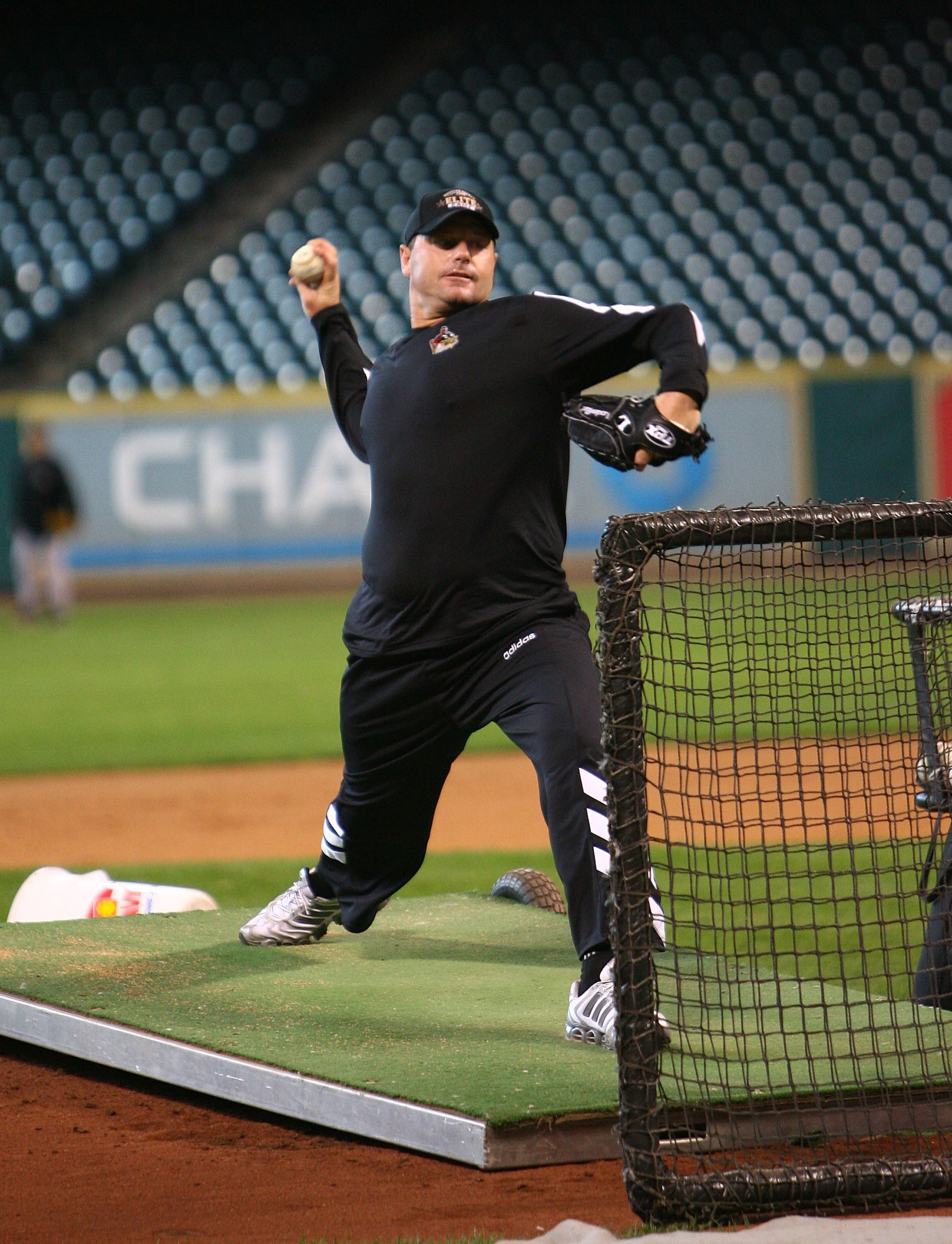 HOUSTON - JANUARY 31:  Roger Clemens throws batting practice during the Nolan Ryan and Jeff Bagwell Elite Camp January 31, 2008 at Minute Maid Park in Houston, Texas.  (Photo by Bob Levey/Getty Images)