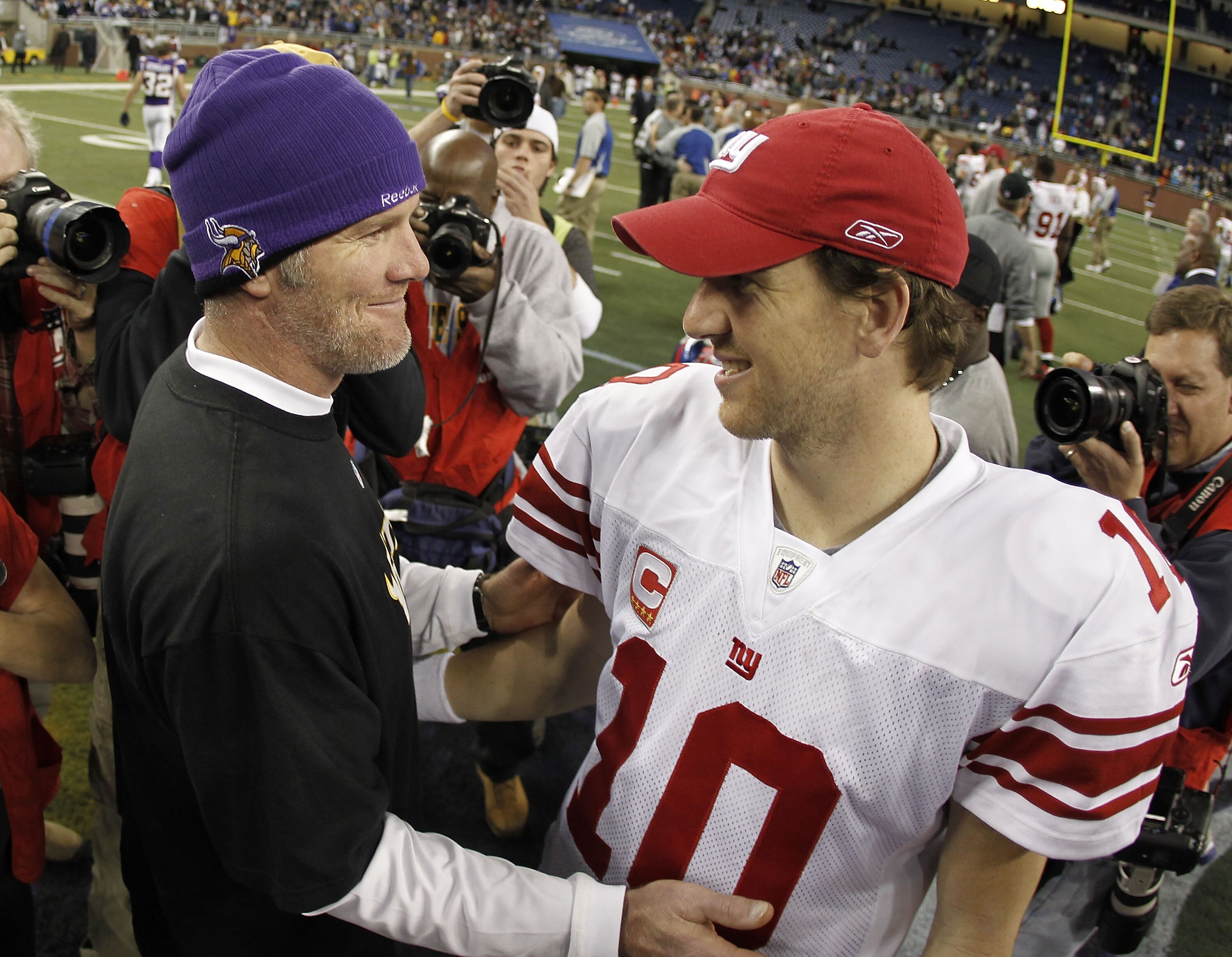 DETROIT, MI - DECEMBER 13: Brett Favre #4 of the Minnesota Vikings talks with Eli Manning #10 after the game at Ford Field on December 13, 2010 in Detroit, Michigan. New York won the game 21-3. (Photo by Gregory Shamus/Getty Images) DETROIT, MI - DECEMBER 13: Brett Favre #4 of the Minnesota Vikings talks with Eli Manning #10 after the game at Ford Field on December 13, 2010 in Detroit, Michigan. New York won the game 21-3. (Photo by Gregory Shamus/Getty Images)