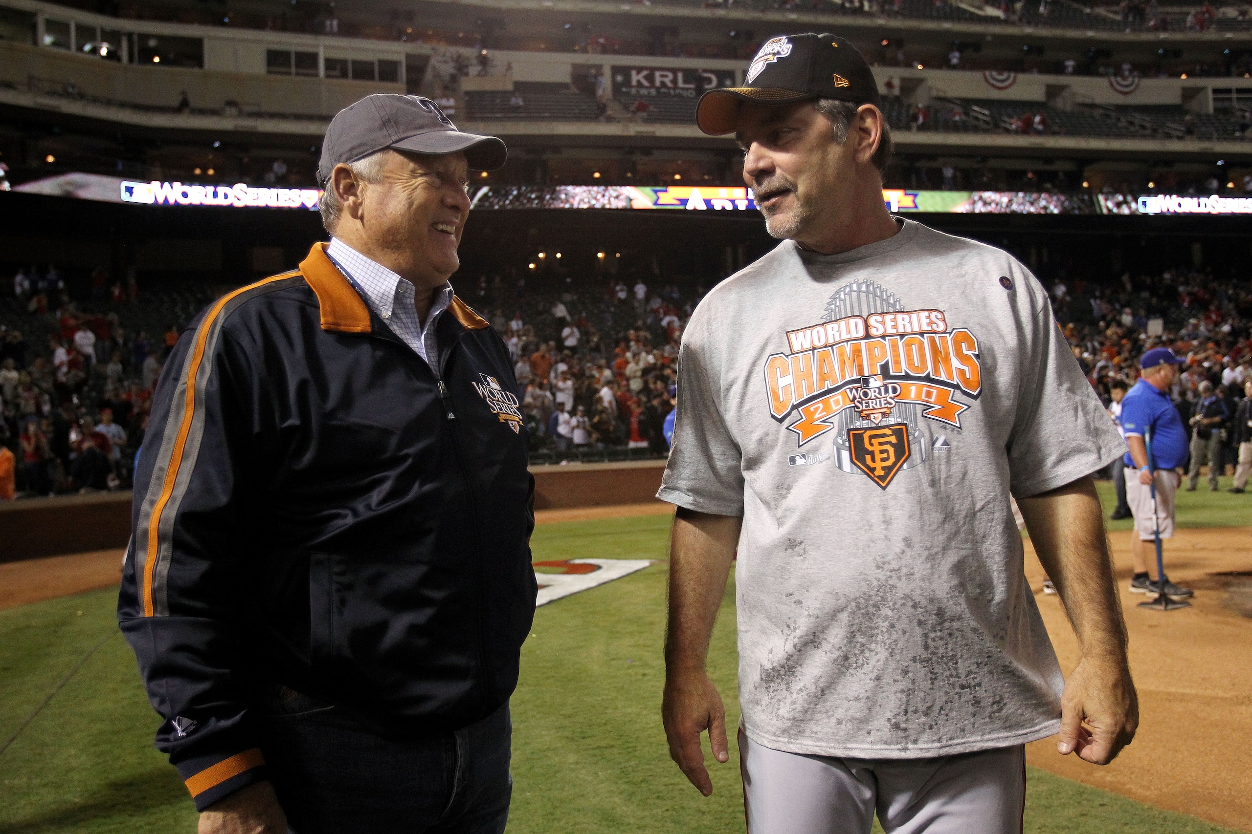 ARLINGTON, TX - NOVEMBER 01:  (L-R) Team President Nolan Ryan of the Texas Rangers congratulates manager Bruce Bochy of the San Francisco Giants after the Giants won 3-1 in Game Five of the 2010 MLB World Series at Rangers Ballpark in Arlington on Novembe