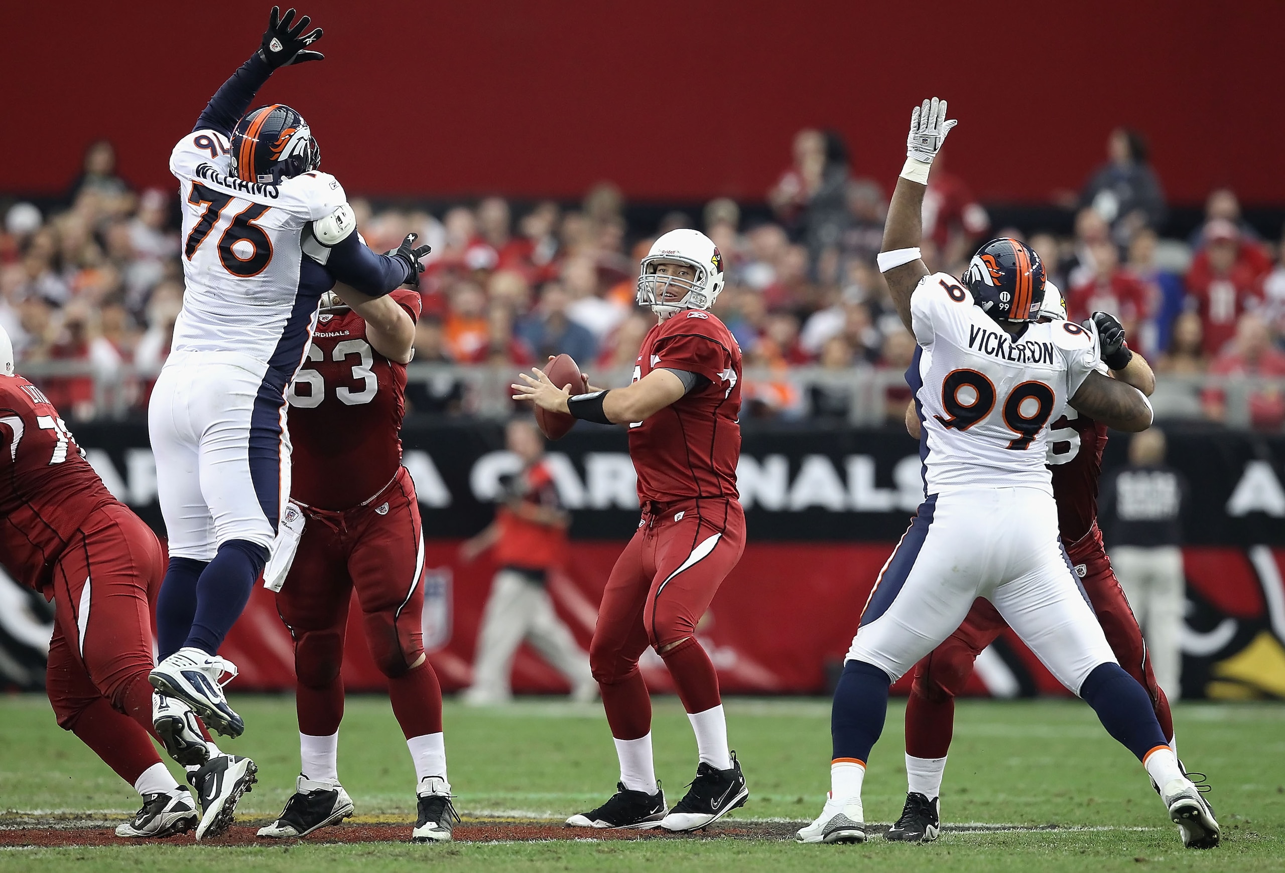 GLENDALE, AZ - DECEMBER 12:  Quarterback John Skelton #19 of the Arizona Cardinals looks to pass the football during the NFL game against the Denver Broncos at the University of Phoenix Stadium on December 12, 2010 in Glendale, Arizona. The Cardinals defe