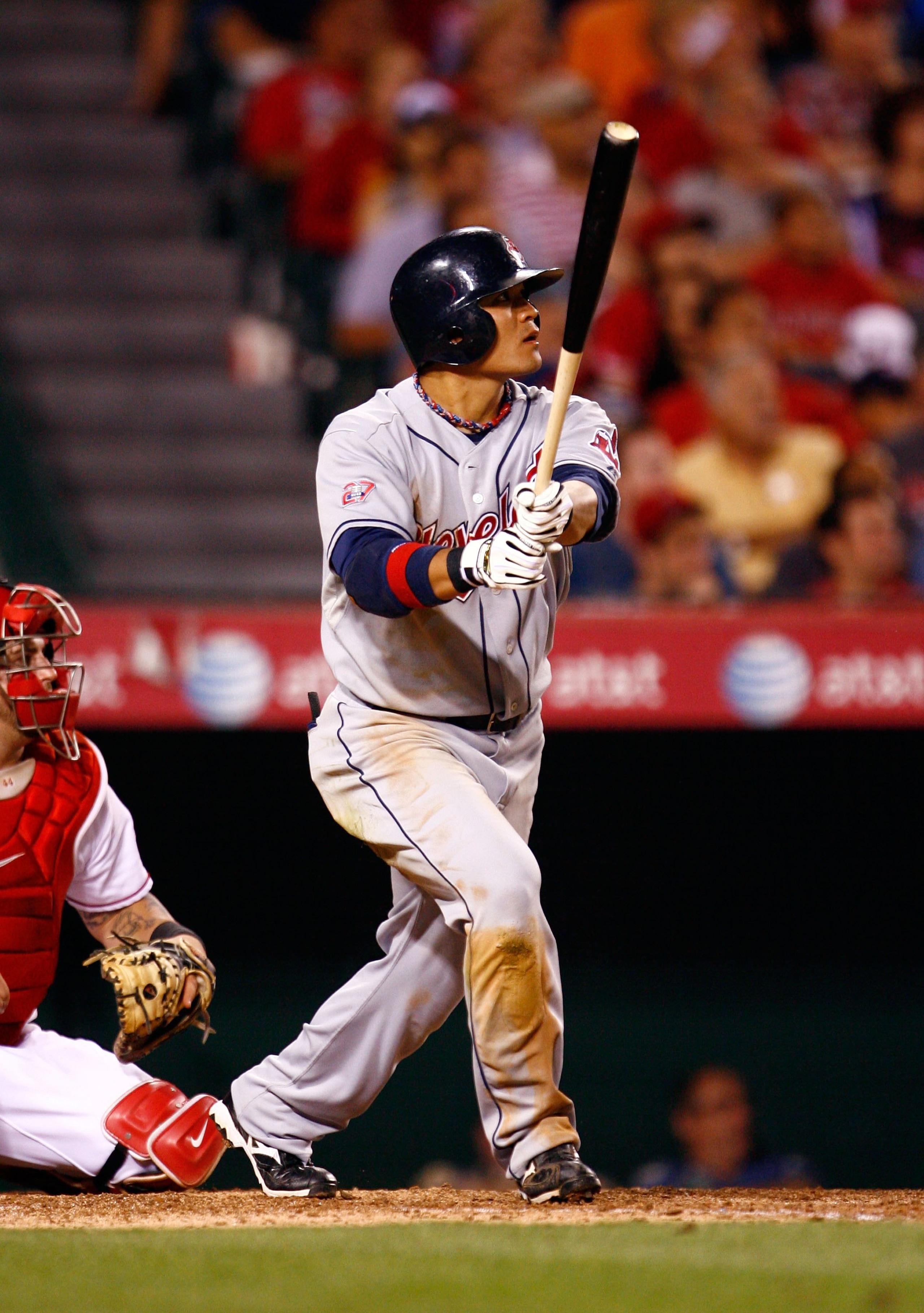 ANAHEIM, CA - JULY 27:  Shin-Soo Choo #17 of the Cleveland Indians bats against the Los Angeles Angels of Anaheim at Angel Stadium on July 27, 2009 in Anaheim, California.  (Photo by Jeff Gross/Getty Images)