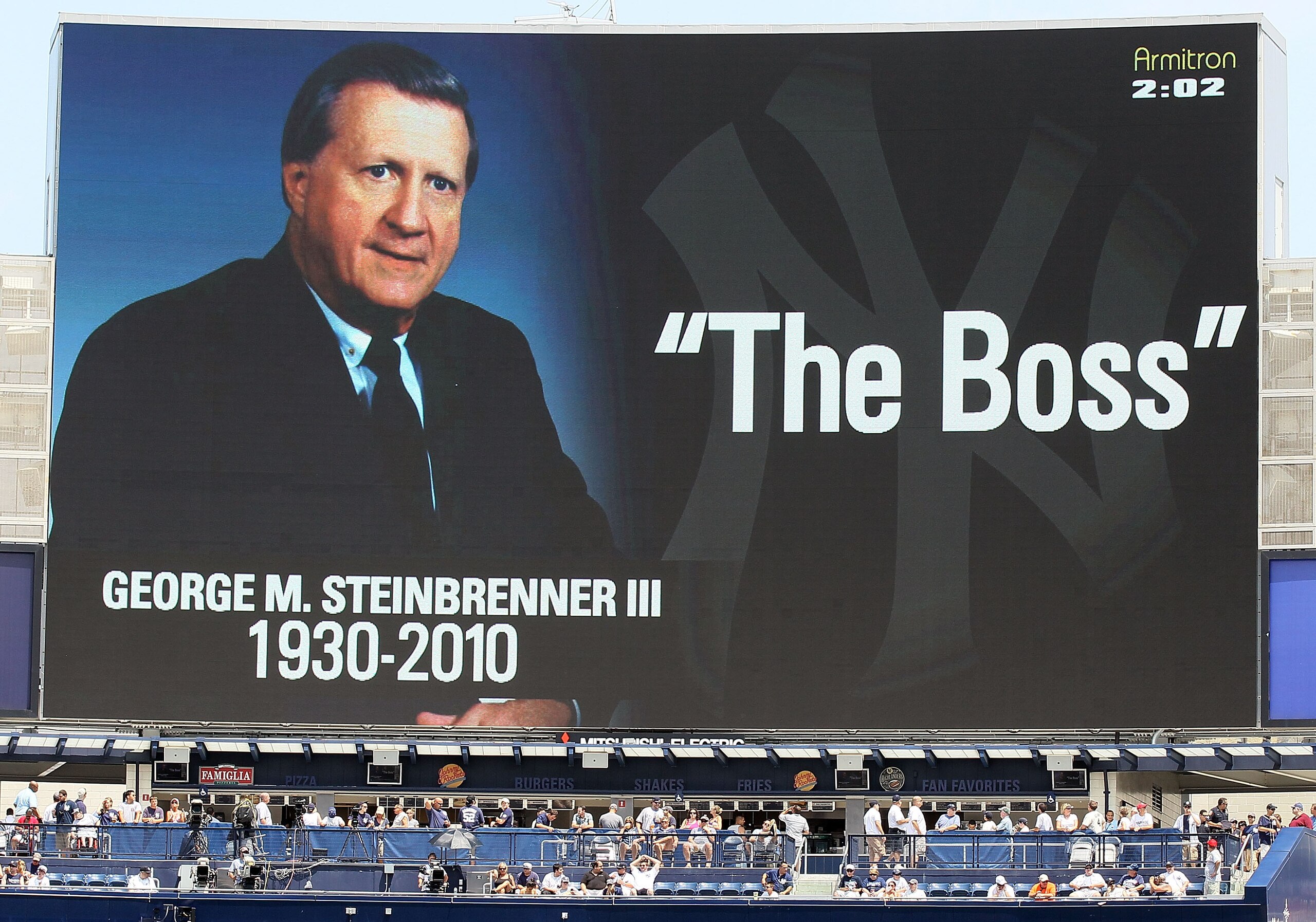 NEW YORK - JULY 17:  The scoreboard at Yankee Stadium shows an image of late owner George Steinbrenner prior to the game between the New York Yankees and the Tampa Bay Rays on July 17, 2010 in the Bronx borough of New York City.  Steinbrenner passed away