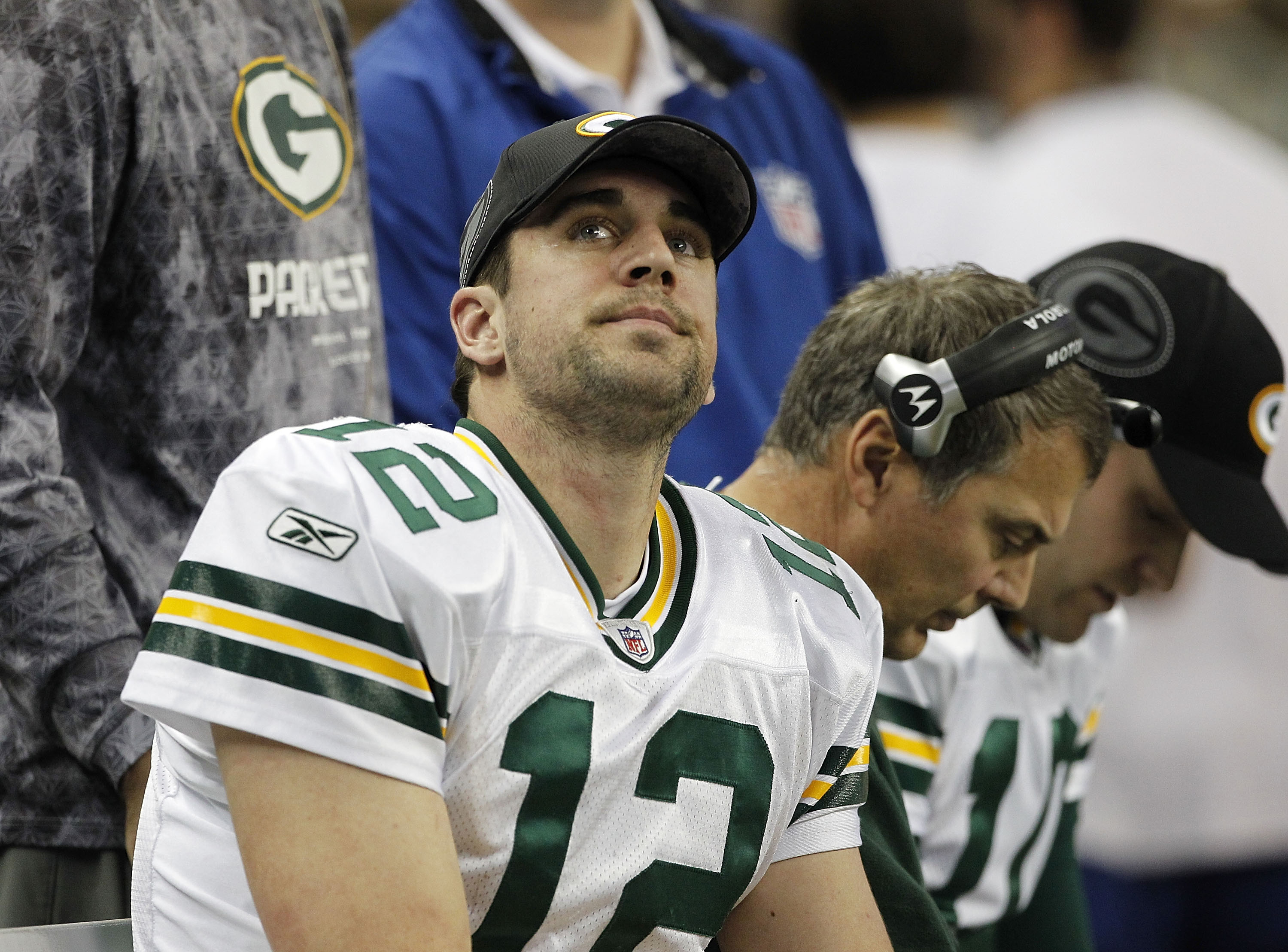 DETROIT - DECEMBER 12: Aaron Rogers #12 of the Green Bay Packers watches the replay during the second quarter of the game against the Detroit Lions at Ford Field on December 12, 2010 in Detroit, Michigan.  (Photo by Leon Halip/Getty Images)