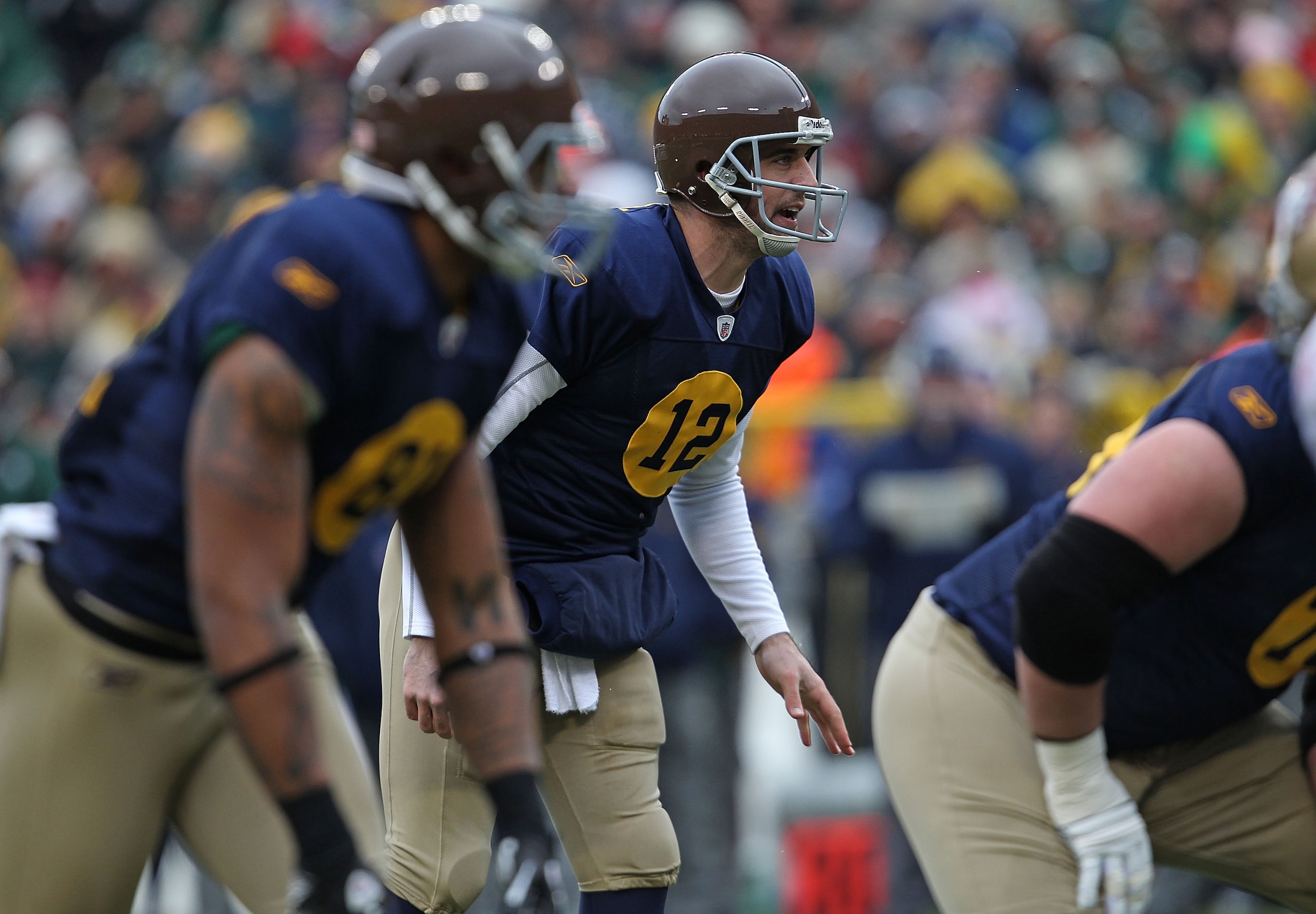 GREEN BAY, WI - DECEMBER 05: Aaron Rodgers #12 of the Green Bay Packers calls the signals against the San Francisco 49ers at Lambeau Field on December 5, 2010 in Green Bay, Wisconsin. The Packers defeated the 49ers 34-16. (Photo by Jonathan Daniel/Getty I