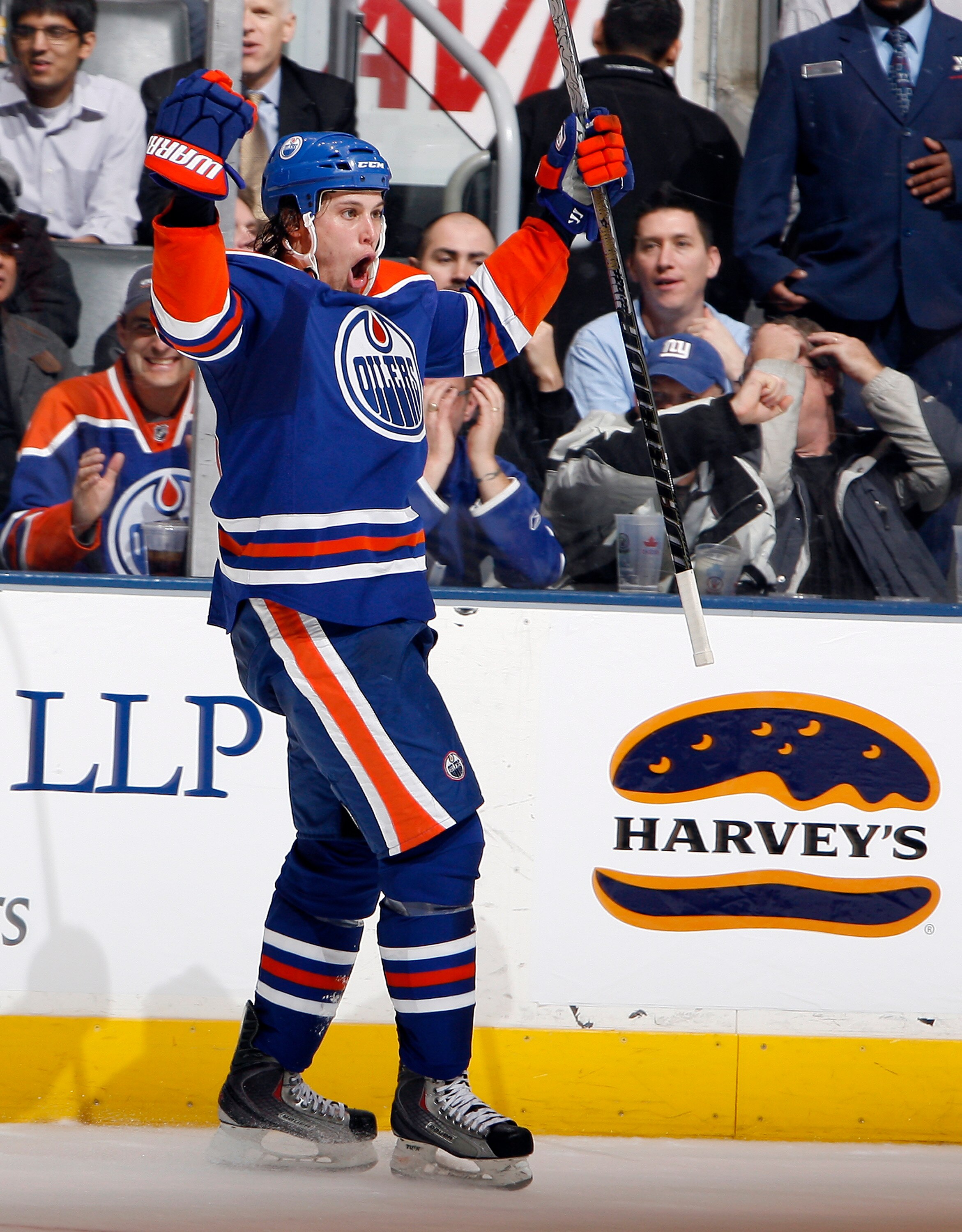 TORONTO, CANADA - DECEMBER 2: Ryan Jones #28 of the Edmonton Oilers celebrates his goal against the Toronto Maple Leafs during game action at the Air Canada Centre December 2, 2010 in Toronto, Ontario, Canada. (Photo by Abelimages / Getty Images)