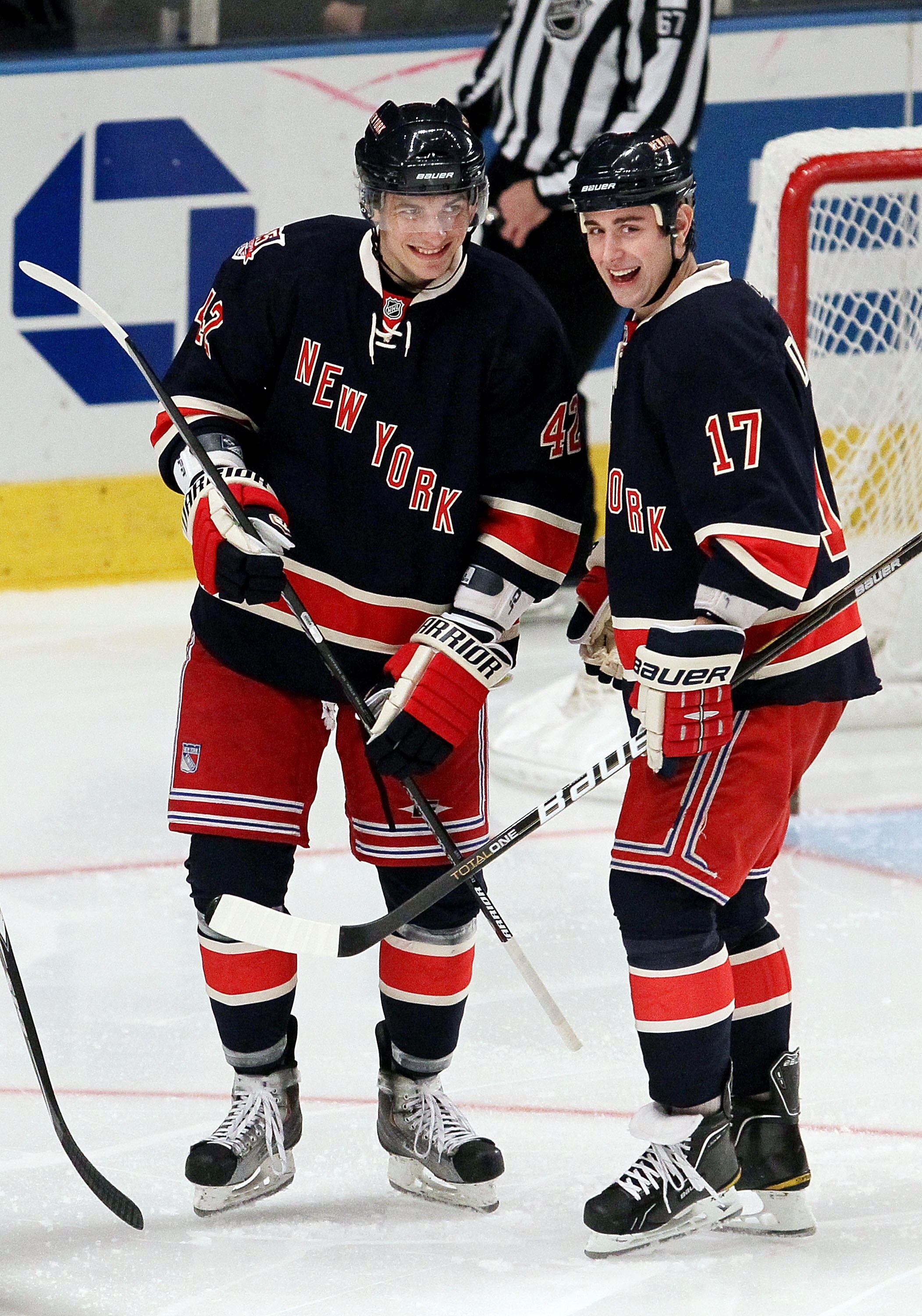 NEW YORK, NY - DECEMBER 12:  Artem Anisimov #42 of the New York Rangers celebrates his second period goal against the Washington Capitals with teammate Brandon Dubinsky #17 on December 12, 2010 at Madison Square Garden in New York City.  (Photo by Jim McI