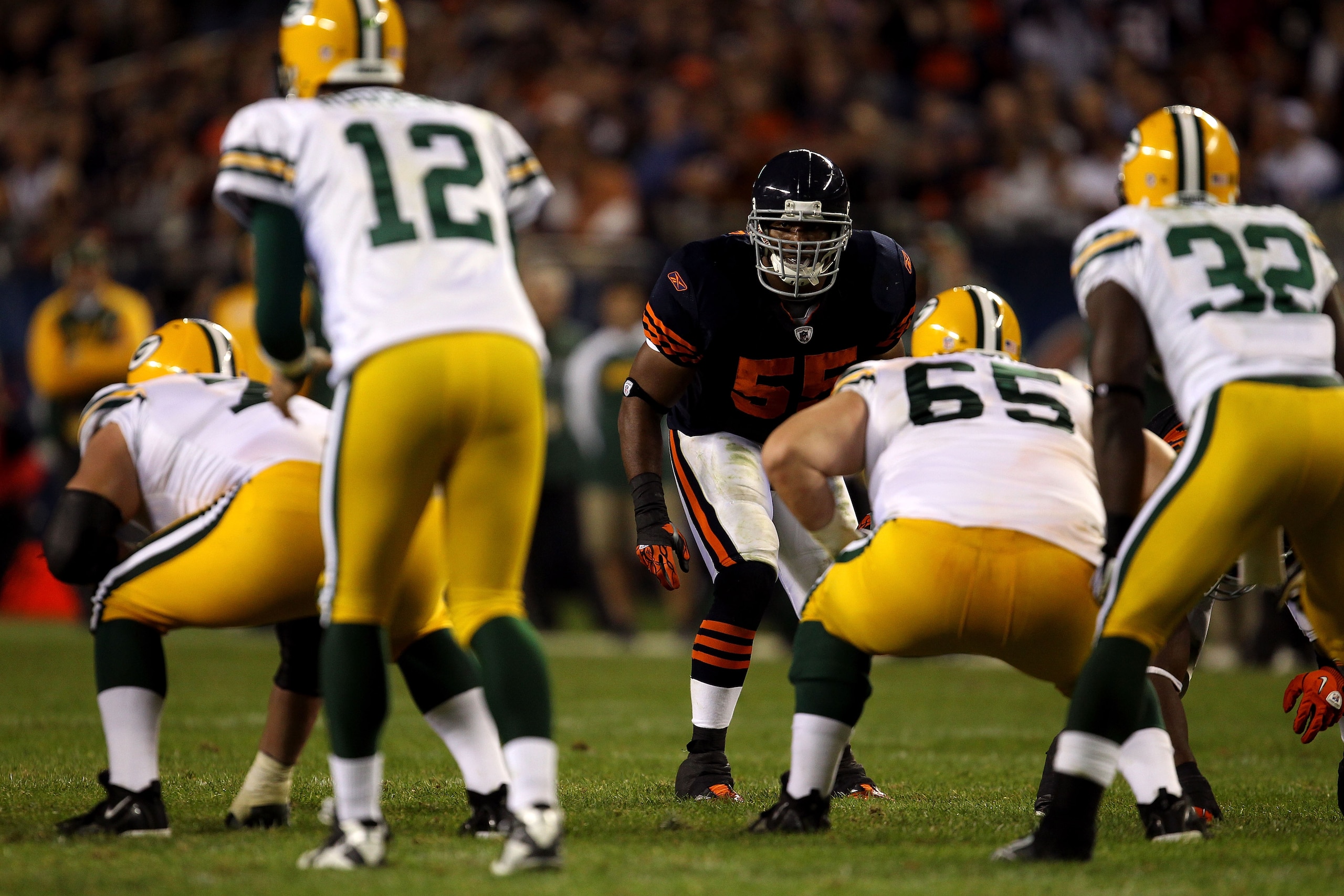 CHICAGO - SEPTEMBER 27:  Lance Briggs #55 of the Chicago Bears lines up on defense against the Green Bay Packers at Soldier Field on September 27, 2010 in Chicago, Illinois. The Bears won 20-17. (Photo by Jonathan Daniel/Getty Images)
