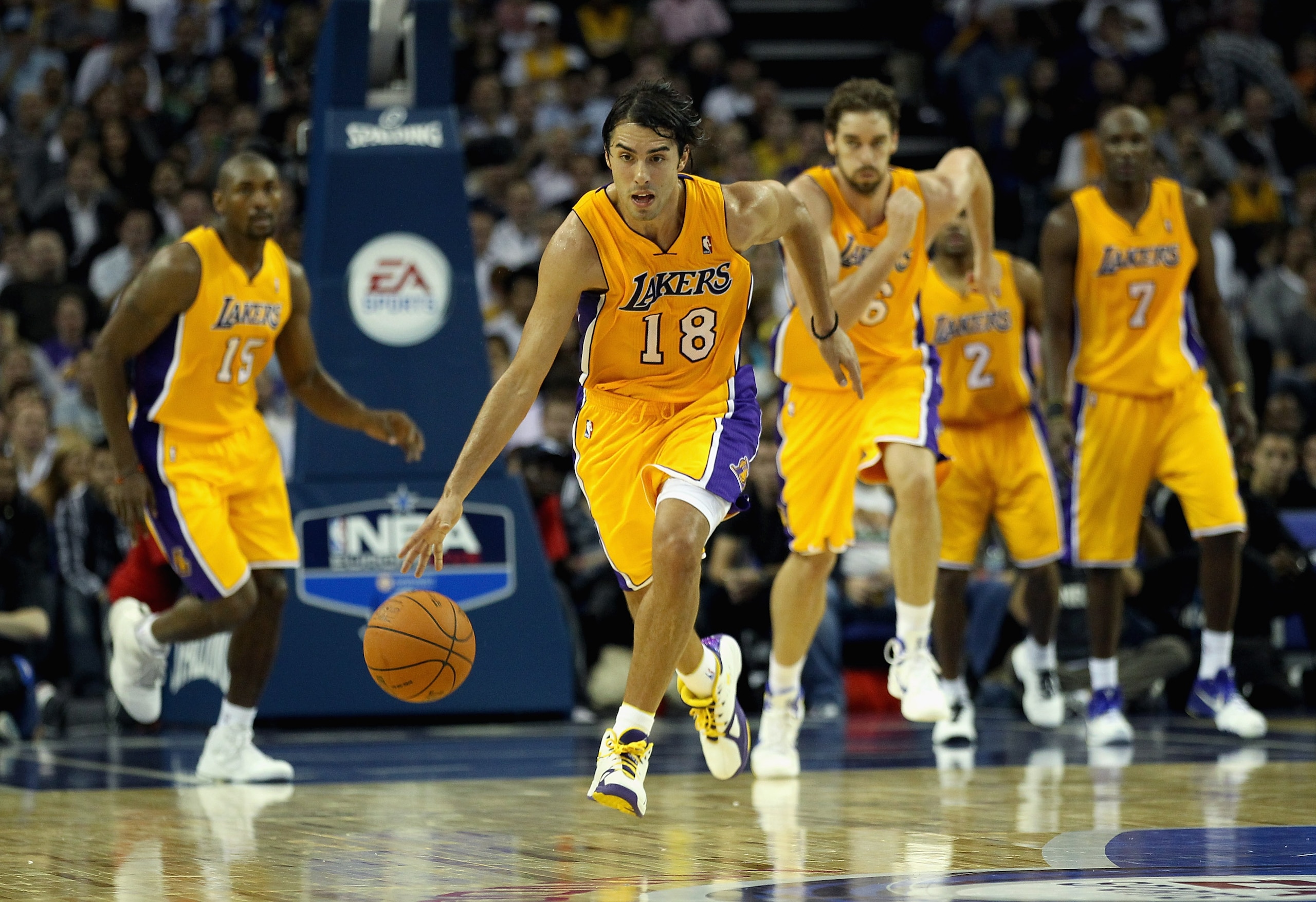 LONDON, ENGLAND - OCTOBER 04: Sasha Vujacic of the Los Angeles Lakers in action during the NBA Europe Live match between the Los Angeles Lakers and the Minnesota Timberwolves at the O2 arena on October 4, 2010 in London, England. (Photo by Bryn Lennon/G LONDON, ENGLAND - OCTOBER 04: Sasha Vujacic of the Los Angeles Lakers in action during the NBA Europe Live match between the Los Angeles Lakers and the Minnesota Timberwolves at the O2 arena on October 4, 2010 in London, England. (Photo by Bryn Lennon/G