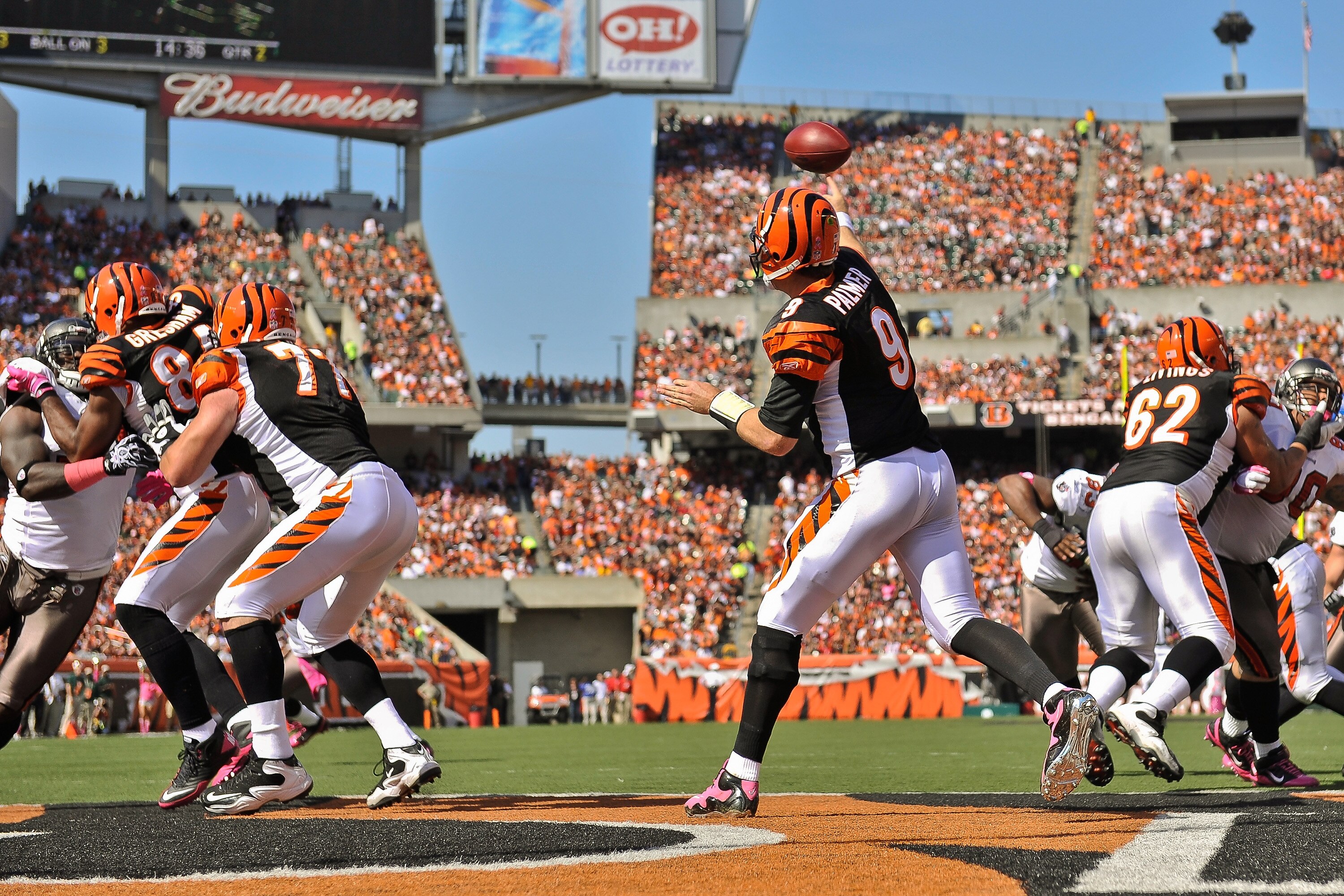 CINCINNATI, OH - OCTOBER 10: Quarterback Carson Palmer #9 of the Cincinnati Bengals throws against the Tampa Bay Buccaneers at Paul Brown Stadium on October 10, 2010 in Cincinnati, Ohio. (Photo by Jamie Sabau/Getty Images)