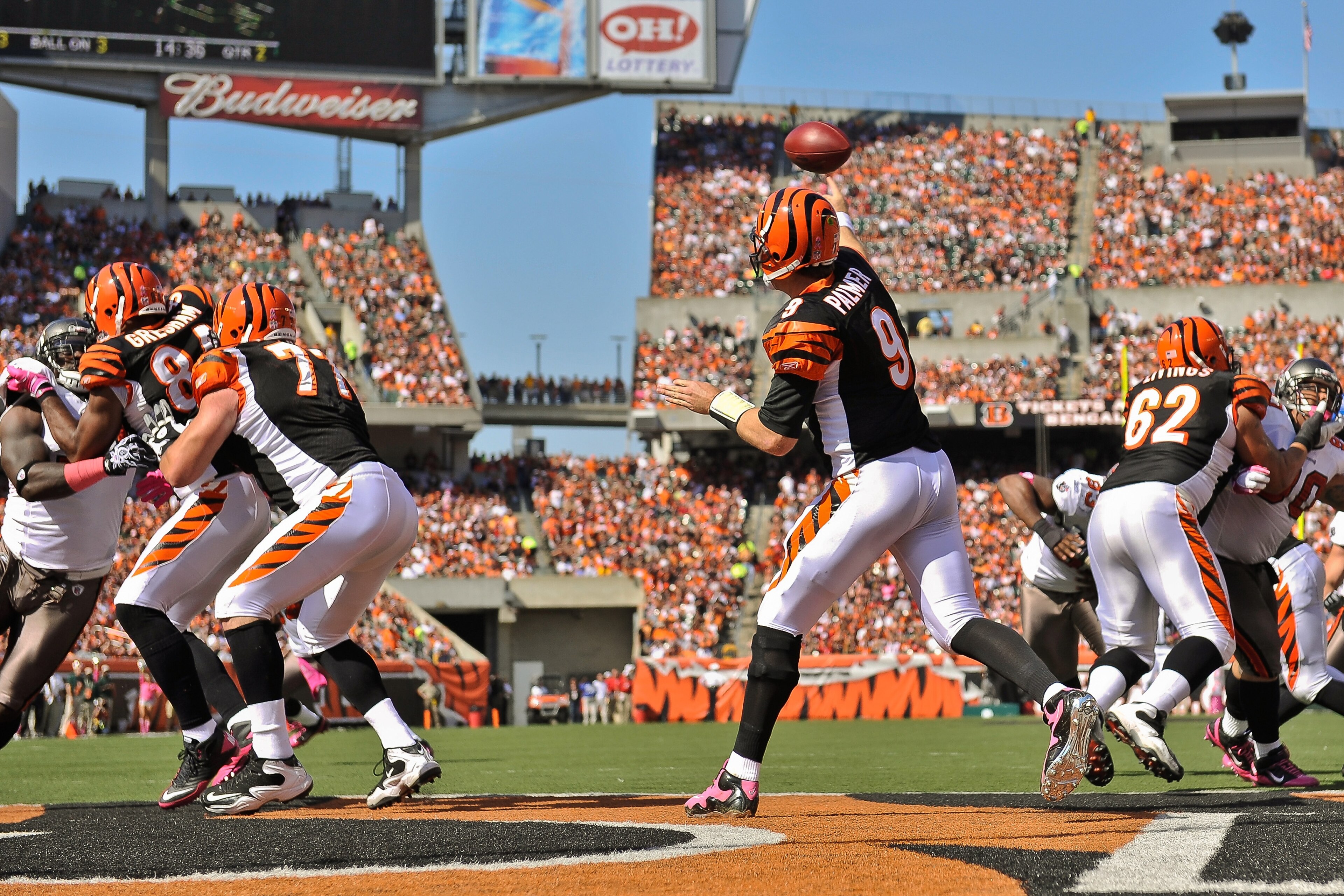 CINCINNATI, OH - OCTOBER 10: Quarterback Carson Palmer #9 of the Cincinnati Bengals throws against the Tampa Bay Buccaneers at Paul Brown Stadium on October 10, 2010 in Cincinnati, Ohio. (Photo by Jamie Sabau/Getty Images)