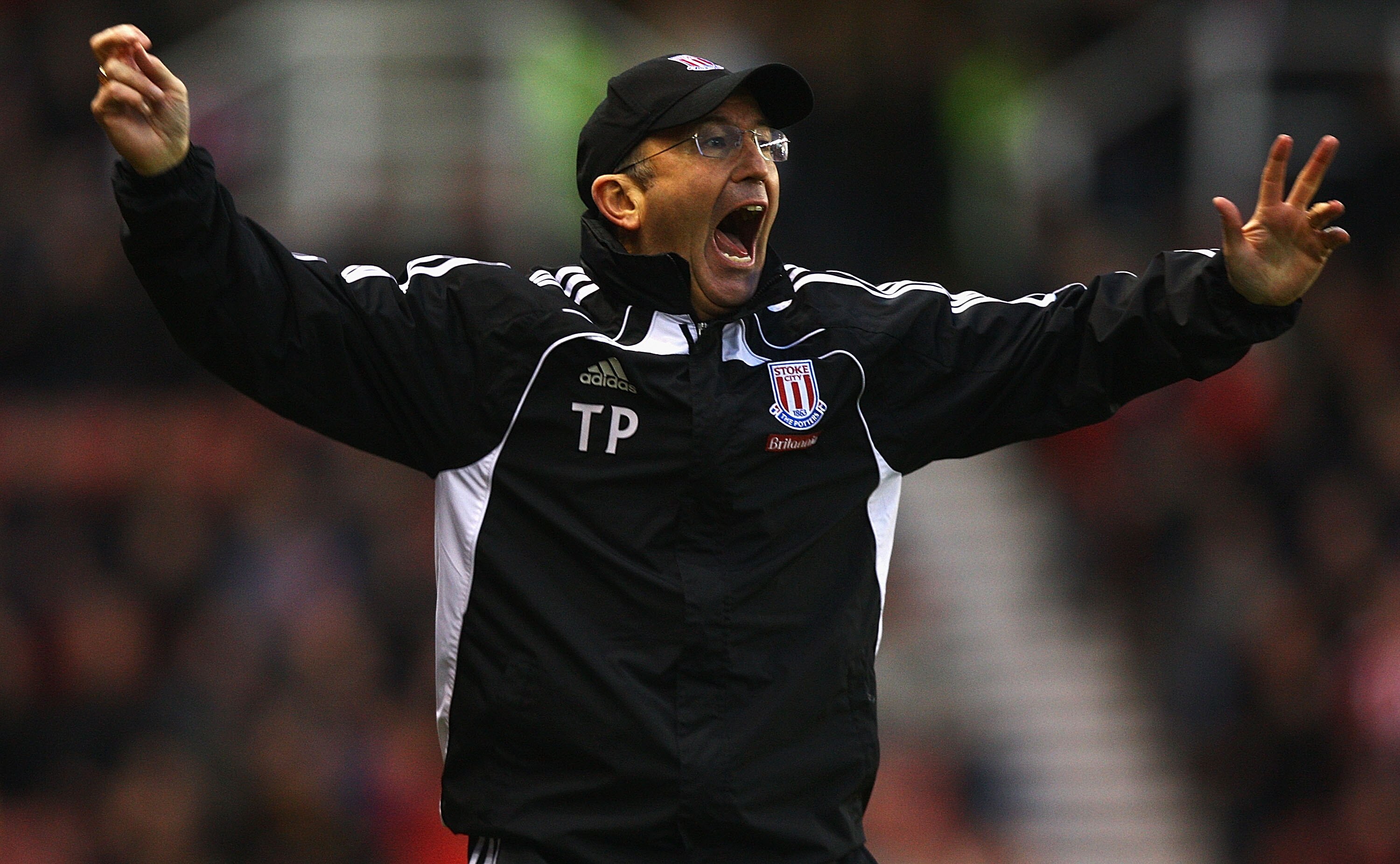 STOKE ON TRENT, ENGLAND - DECEMBER 11:  Tony Pulis, manager of Stoke City shows his frustration, as a chance on goal is missed during the Barclays Premier League match between Stoke City and Blackpool at Britannia Stadium on December 11, 2010 in Stoke on