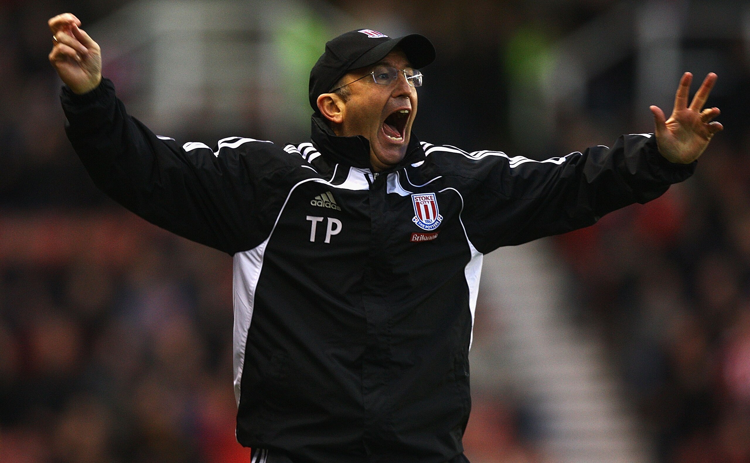 STOKE ON TRENT, ENGLAND - DECEMBER 11:  Tony Pulis, manager of Stoke City shows his frustration, as a chance on goal is missed during the Barclays Premier League match between Stoke City and Blackpool at Britannia Stadium on December 11, 2010 in Stoke on