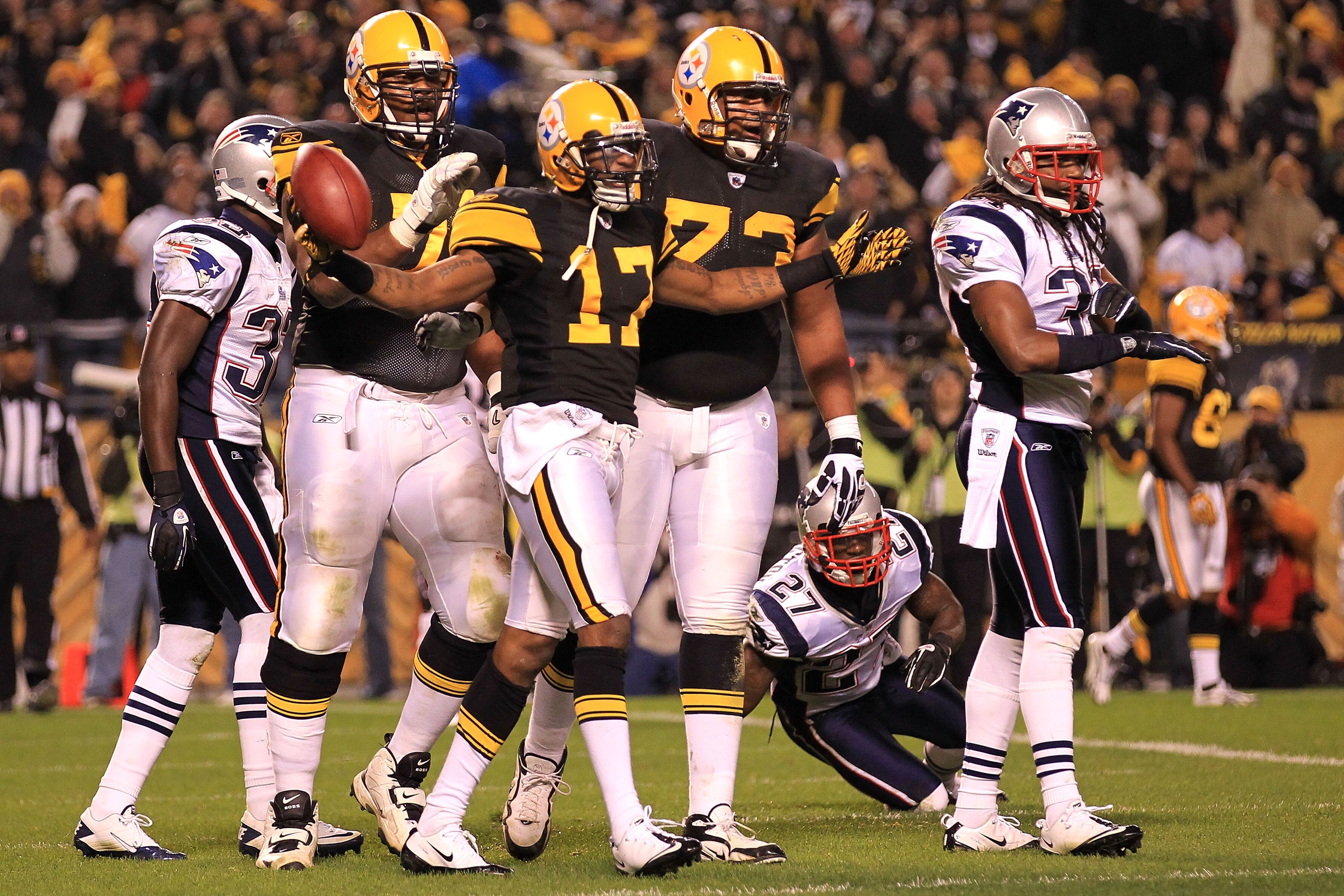 PITTSBURGH - NOVEMBER 14:  Mike Wallace #17 of the Pittsburgh Steelers appeals to the referee after his touchdown was disallowed against the New England Patriots on November 14, 2010 at Heinz Field in Pittsburgh, Pennsylvania.  (Photo by Chris McGrath/Get
