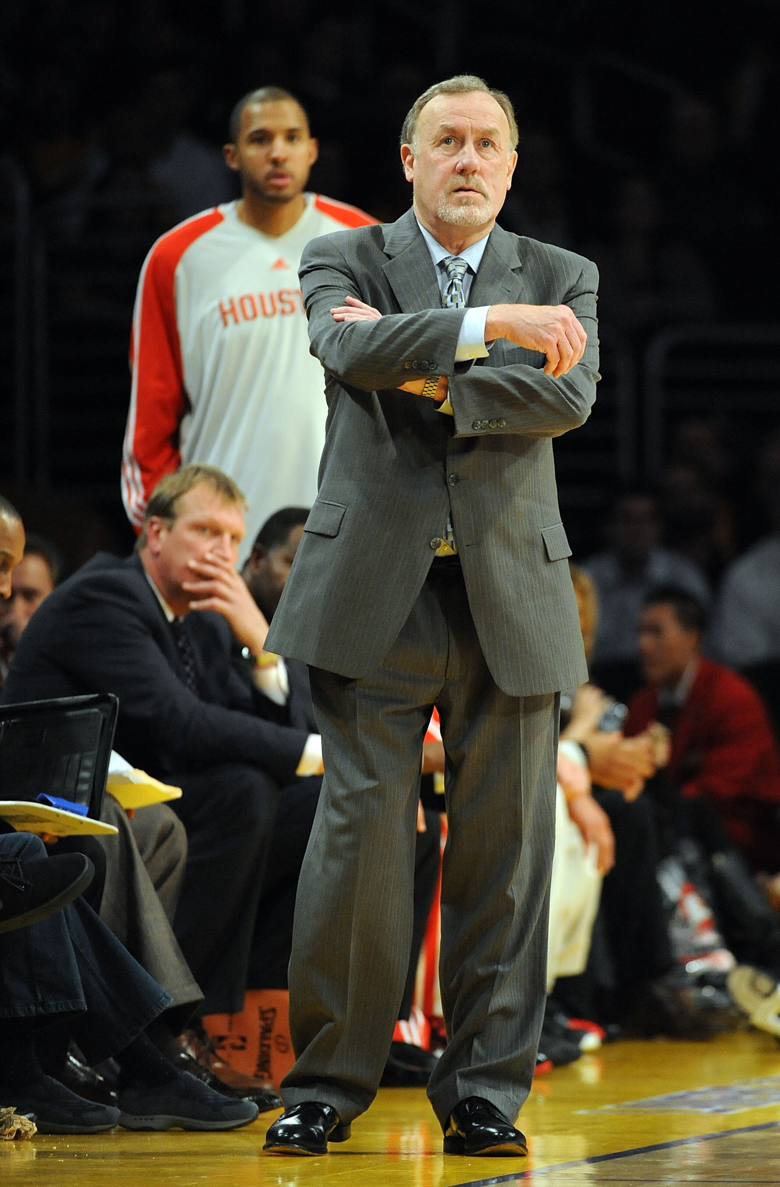 LOS ANGELES, CA - JANUARY 05: Head coach Rick Adelman of the Houston Rockets reacrts from the bench during an 88-79 loss to the Los Angeles Lakers at Staples Center on January 5, 2010 in Los Angeles, California. NOTE TO USER: User expressly acknowledges LOS ANGELES, CA - JANUARY 05: Head coach Rick Adelman of the Houston Rockets reacrts from the bench during an 88-79 loss to the Los Angeles Lakers at Staples Center on January 5, 2010 in Los Angeles, California. NOTE TO USER: User expressly acknowledges