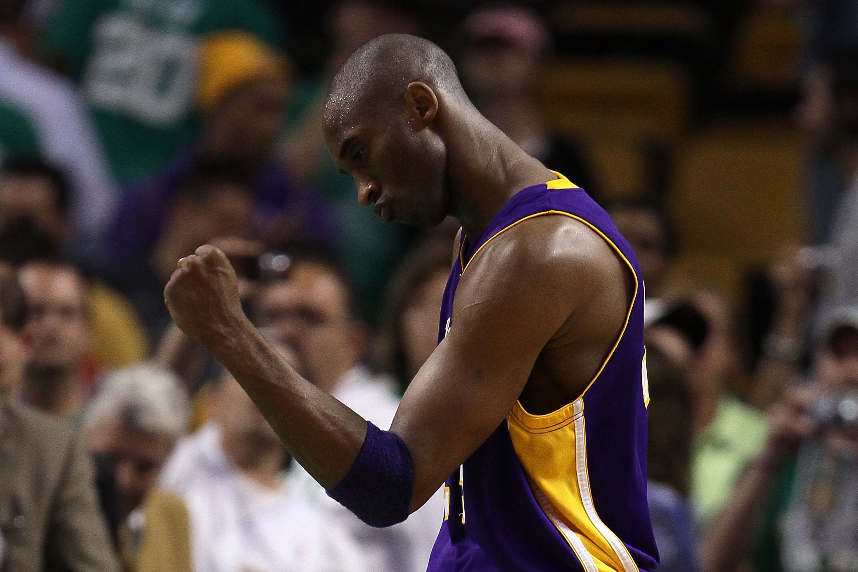 BOSTON - JUNE 08:  Kobe Bryant #24 of the Los Angeles Lakers reacts after the Lakers won 91-84 against the Boston Celtics in Game Three of the 2010 NBA Finals on June 8, 2010 at TD Garden in Boston, Massachusetts. NOTE TO USER: User expressly acknowledges