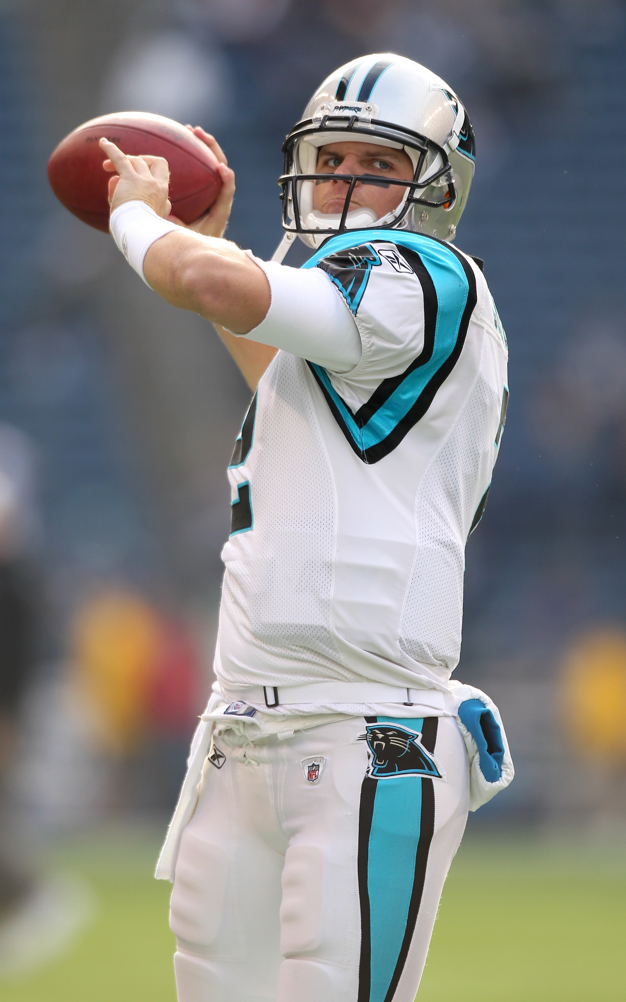 SEATTLE - DECEMBER 05:  Quarterback Jimmy Clausen #2 of the Carolina Panthers passes during warmups prior to the game against the Seattle Seahawks at Qwest Field on December 5, 2010 in Seattle, Washington. The Seahawks won, 31-14. (Photo by Otto Greule Jr