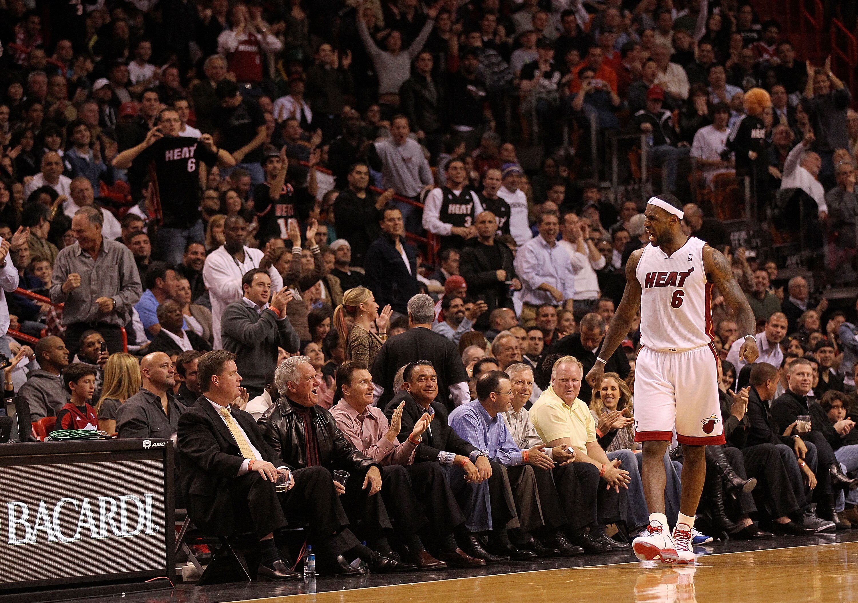 MIAMI, FL - DECEMBER 13:  LeBron James #6 of the Miami Heat yells to the crowd after being fouled during a game against the New Orleans Hornets at American Airlines Arena on December 13, 2010 in Miami, Florida. NOTE TO USER: User expressly acknowledges an
