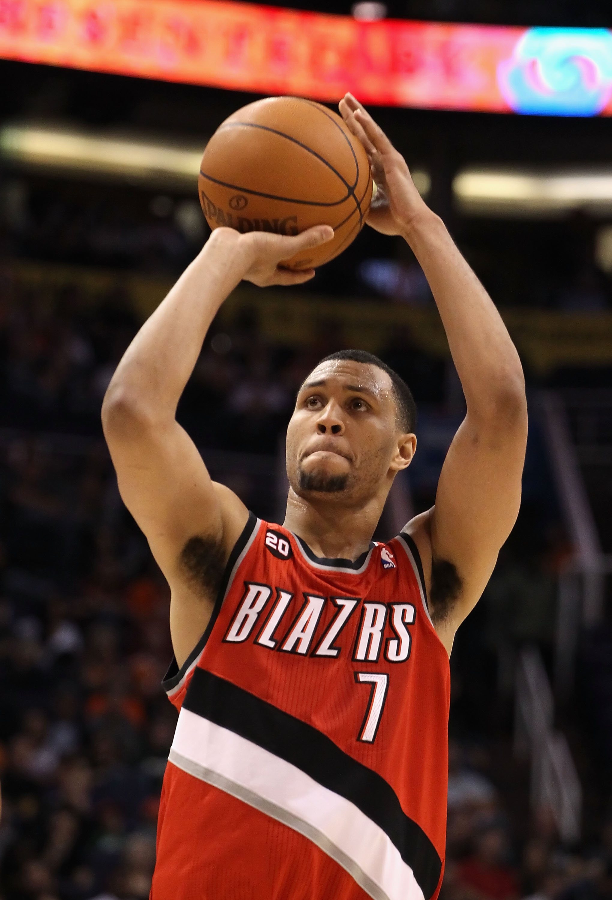 PHOENIX - DECEMBER 10:  Brandon Roy #7 of the Portland Trail Blazers shoots a free throw shot during the NBA game against the Phoenix Suns at US Airways Center on December 10, 2010 in Phoenix, Arizona. The Trail Blazers defeated the Suns 101-94.  NOTE TO