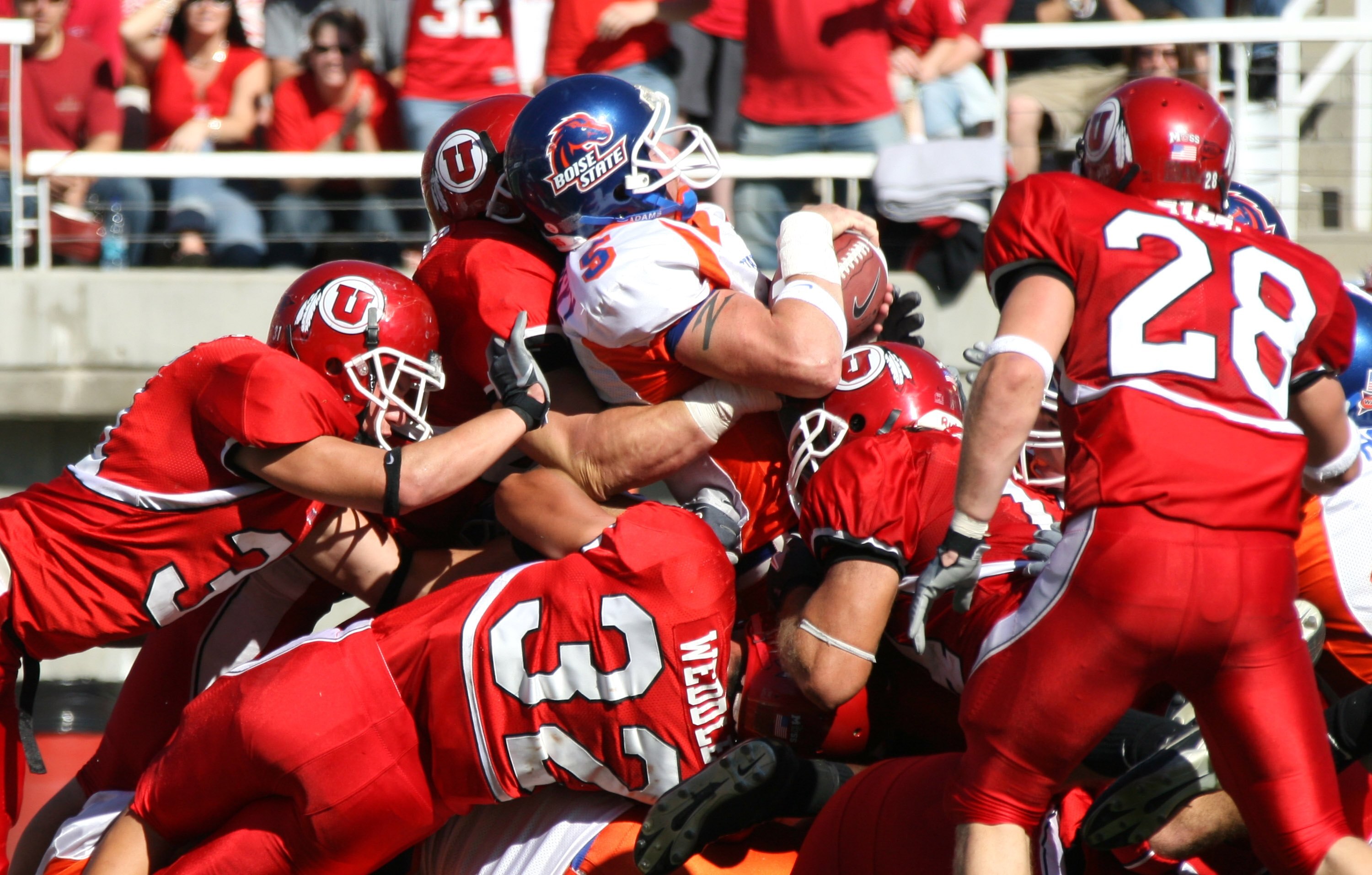 SALT LAKE CITY - SEPTEMBER 30:   Quarterback Jared Zabransky #5 of the Boise State Broncos scores a touchdown on a 1-yard carry during the 3rd quarter against the Utah Utes at Rice-Eccles Stadium on September 30, 2006 in Salt Lake City, Utah. The Broncos