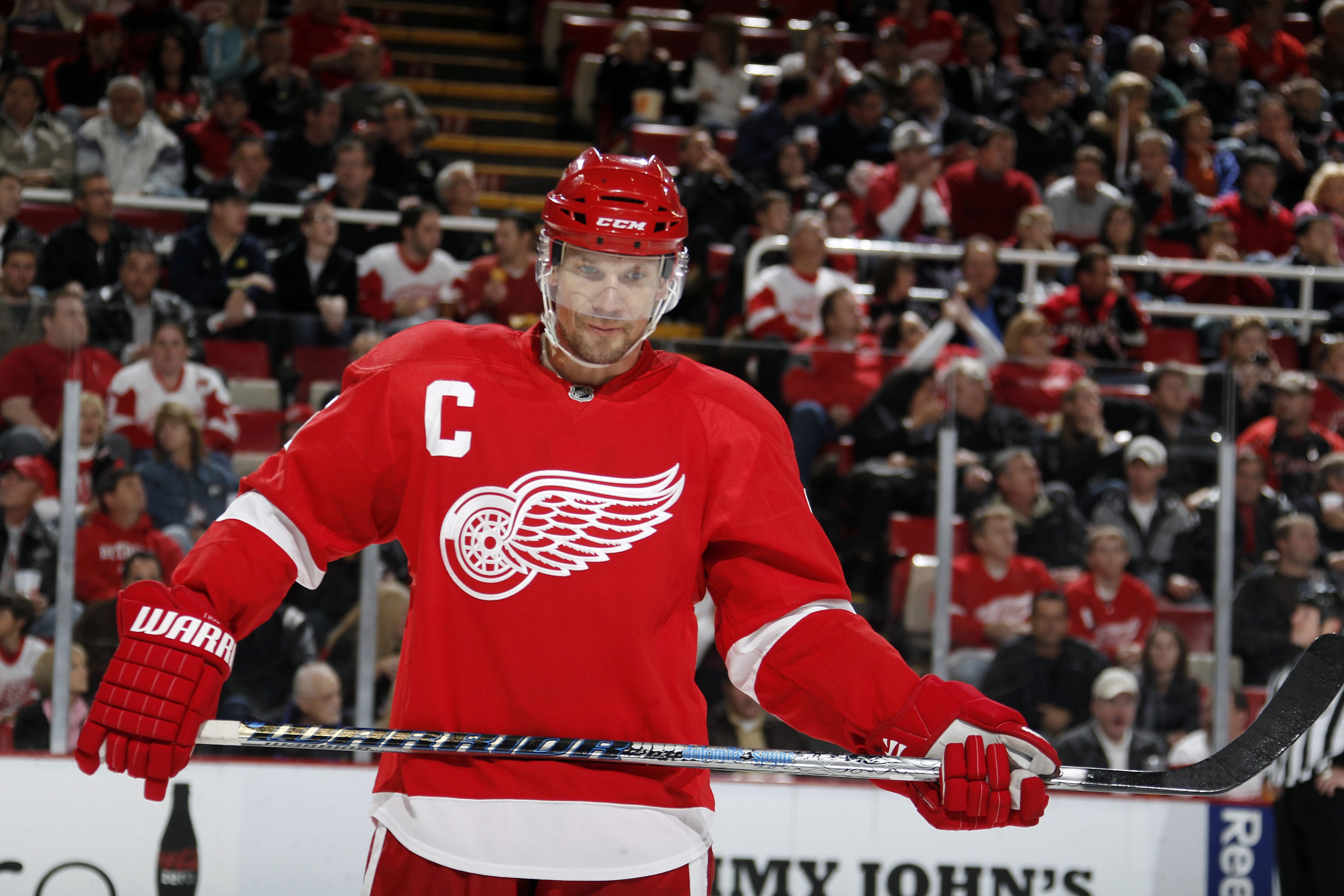 DETROIT - OCTOBER 21:  Nicklas Lidstrom #5 of the Detroit Red Wings reacts during a game against the Calgary Flames on October 21, 2010 at the Joe Louis Arena in Detroit, Michigan.  (Photo by Gregory Shamus/Getty Images)