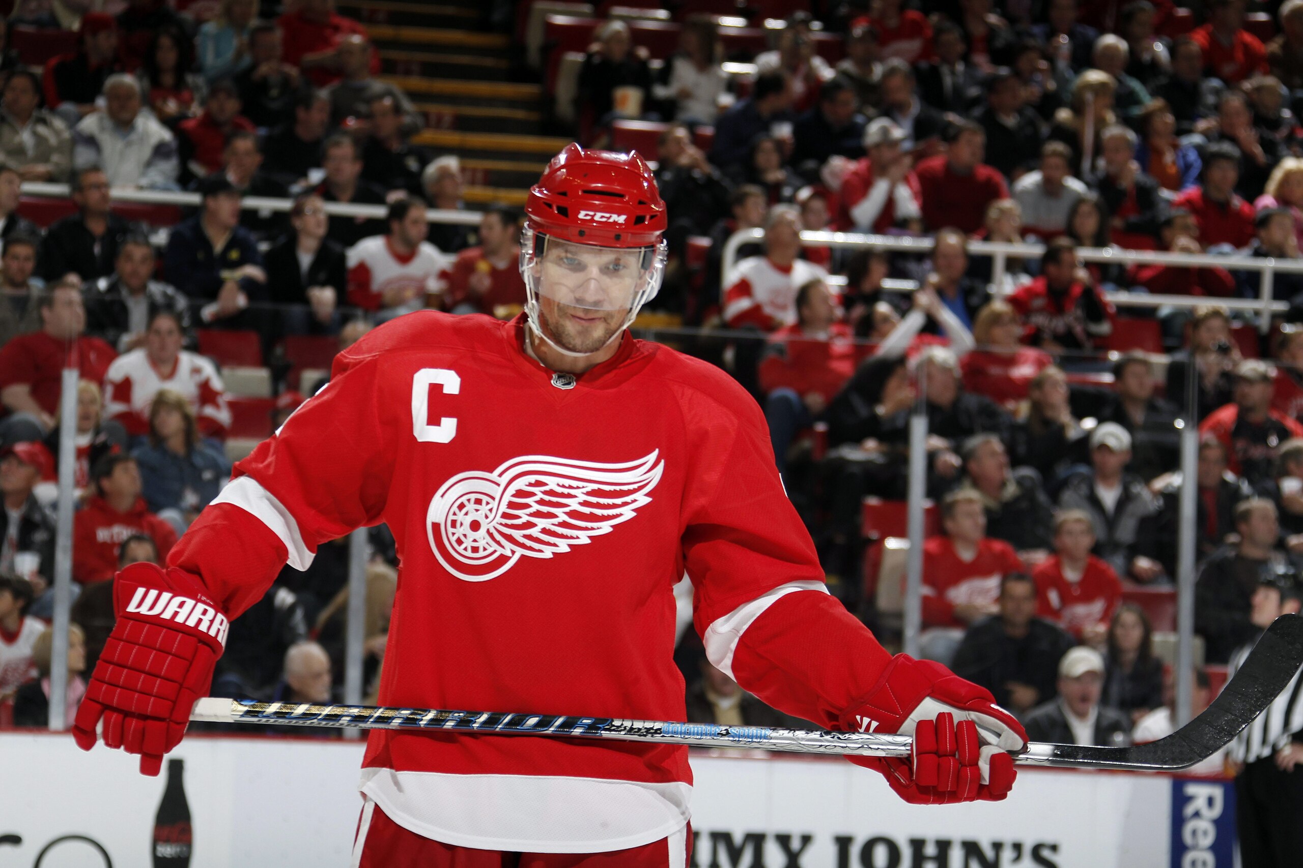 DETROIT - OCTOBER 21:  Nicklas Lidstrom #5 of the Detroit Red Wings reacts during a game against the Calgary Flames on October 21, 2010 at the Joe Louis Arena in Detroit, Michigan.  (Photo by Gregory Shamus/Getty Images)