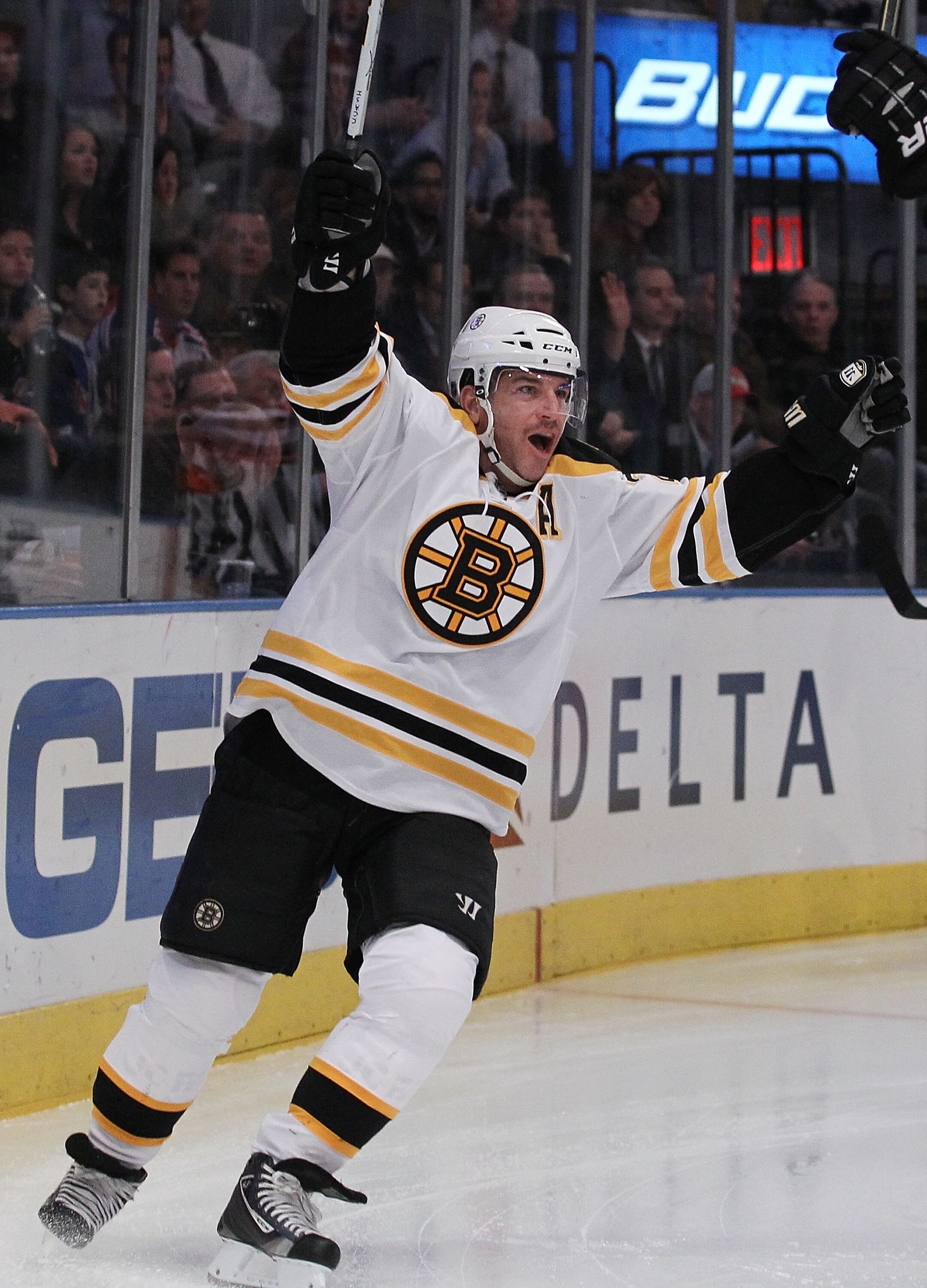 NEW YORK - NOVEMBER 17:  Mark Recchi #28 of the Boston Bruins celebrates a goal against the New York Rangers during their game on November 17, 2010 at Madison Square Garden in New York City.  (Photo by Al Bello/Getty Images)