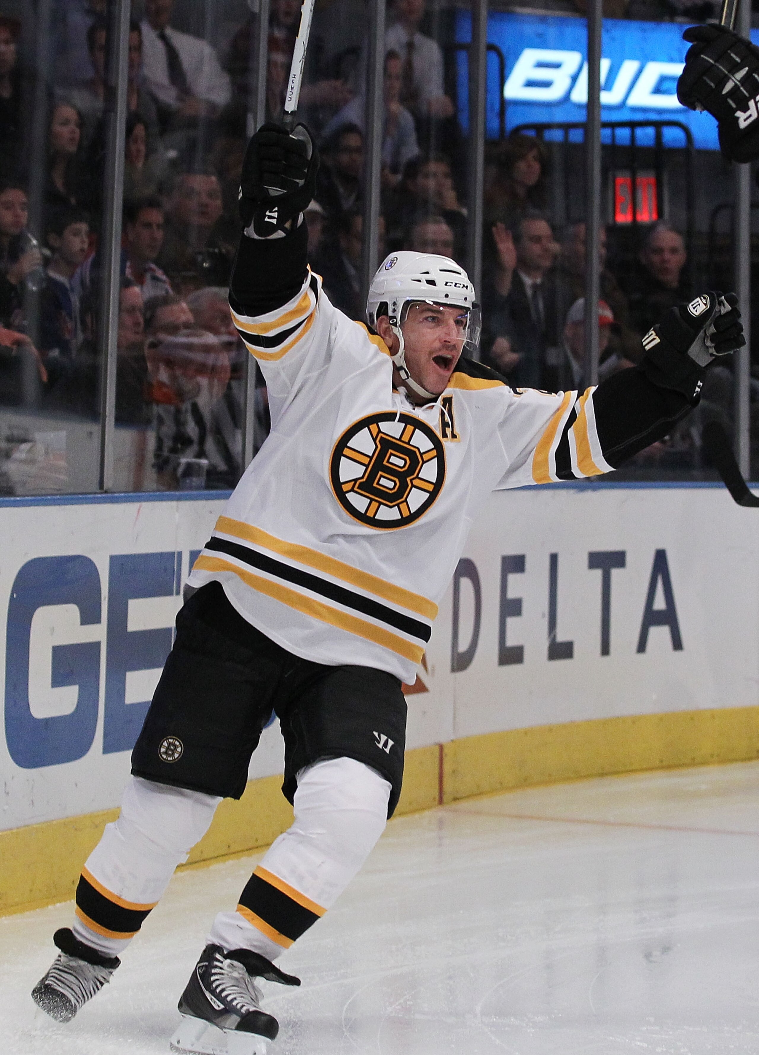 NEW YORK - NOVEMBER 17:  Mark Recchi #28 of the Boston Bruins celebrates a goal against the New York Rangers during their game on November 17, 2010 at Madison Square Garden in New York City.  (Photo by Al Bello/Getty Images)