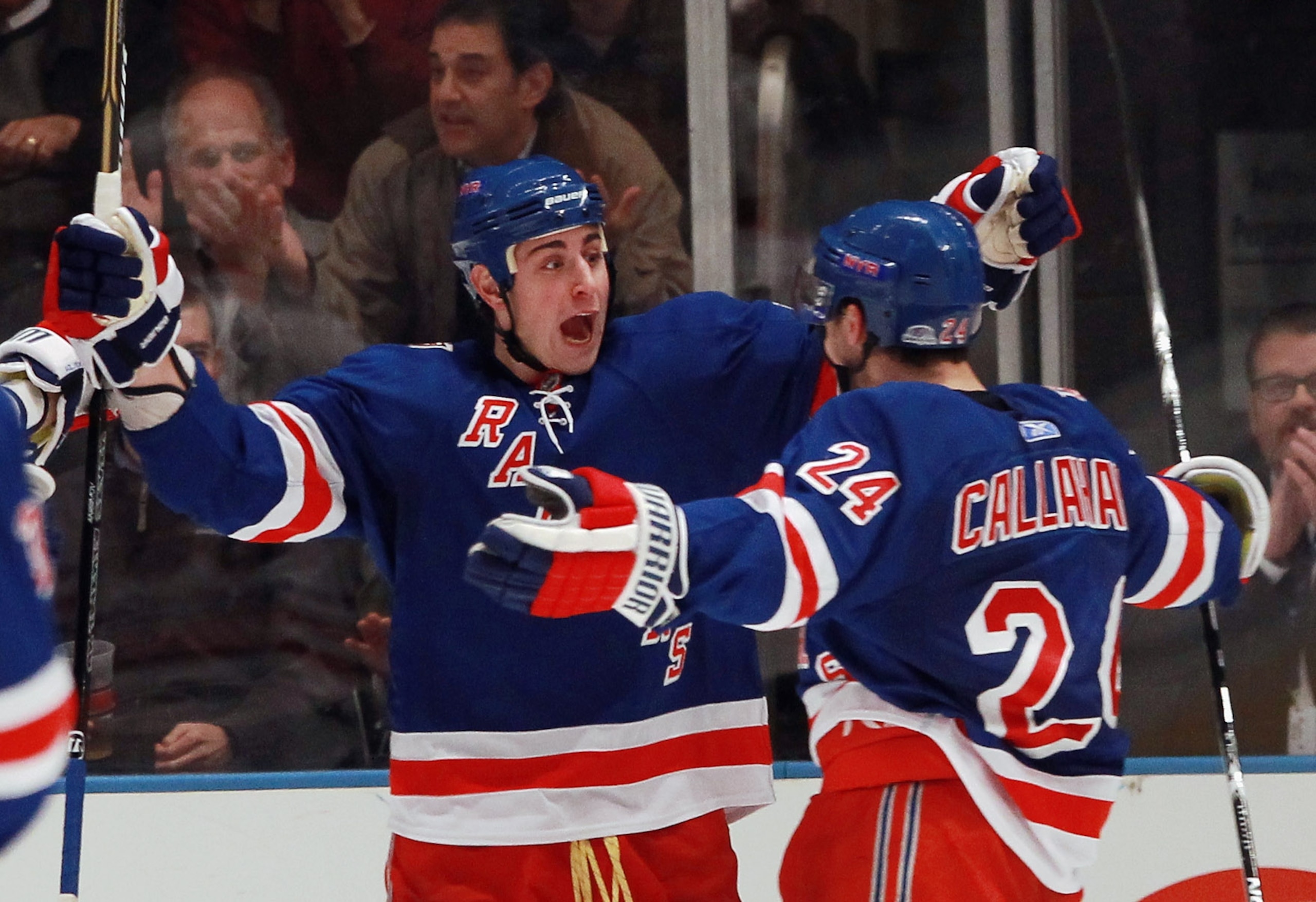 NEW YORK - NOVEMBER 01: (L-R) Brandon Dubinsky #17 and Ryan Callahan #24 of the New York Rangers celebrate Dubinsky's second goal of the game at 55 seconds of the third period against the Chicago Blackhawks at Madison Square Garden on November 1, 2010 in