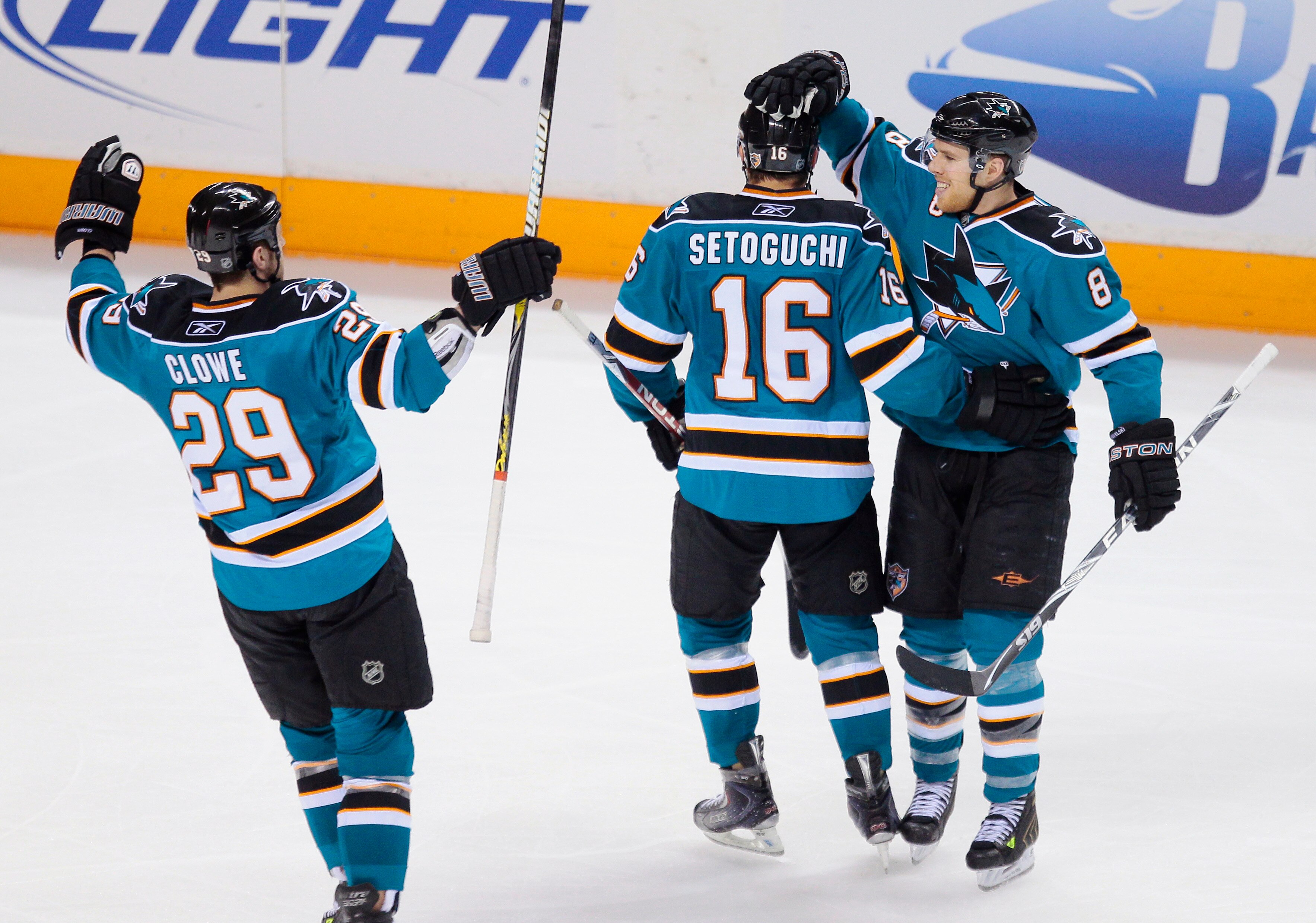 SAN JOSE, CA - APRIL 22:  Joe Pavelski #8 of the San Jose Sharks celebrates his goal against the Colorado Avalanche with Devin Setoguchi #16 and Ryane Clowe #29 in Game Five of their Western Conference Quaterfinals at HP Pavilion on April 22, 2010 in San
