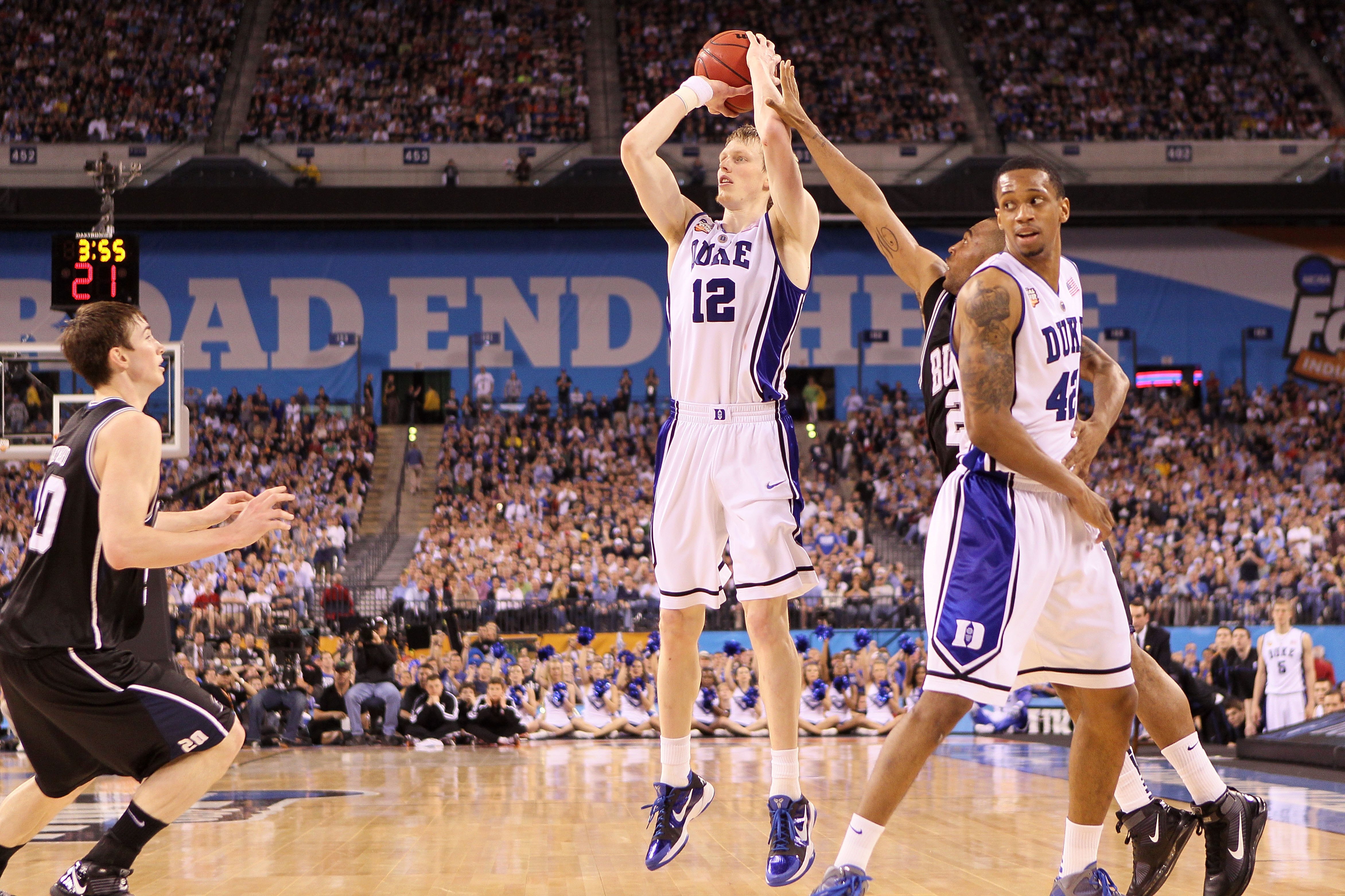 INDIANAPOLIS - APRIL 05:  Kyle Singler #12 of the Duke Blue Devils attempts a shot against the Butler Bulldogs during the 2010 NCAA Division I Men's Basketball National Championship game at Lucas Oil Stadium on April 5, 2010 in Indianapolis, Indiana. Duke