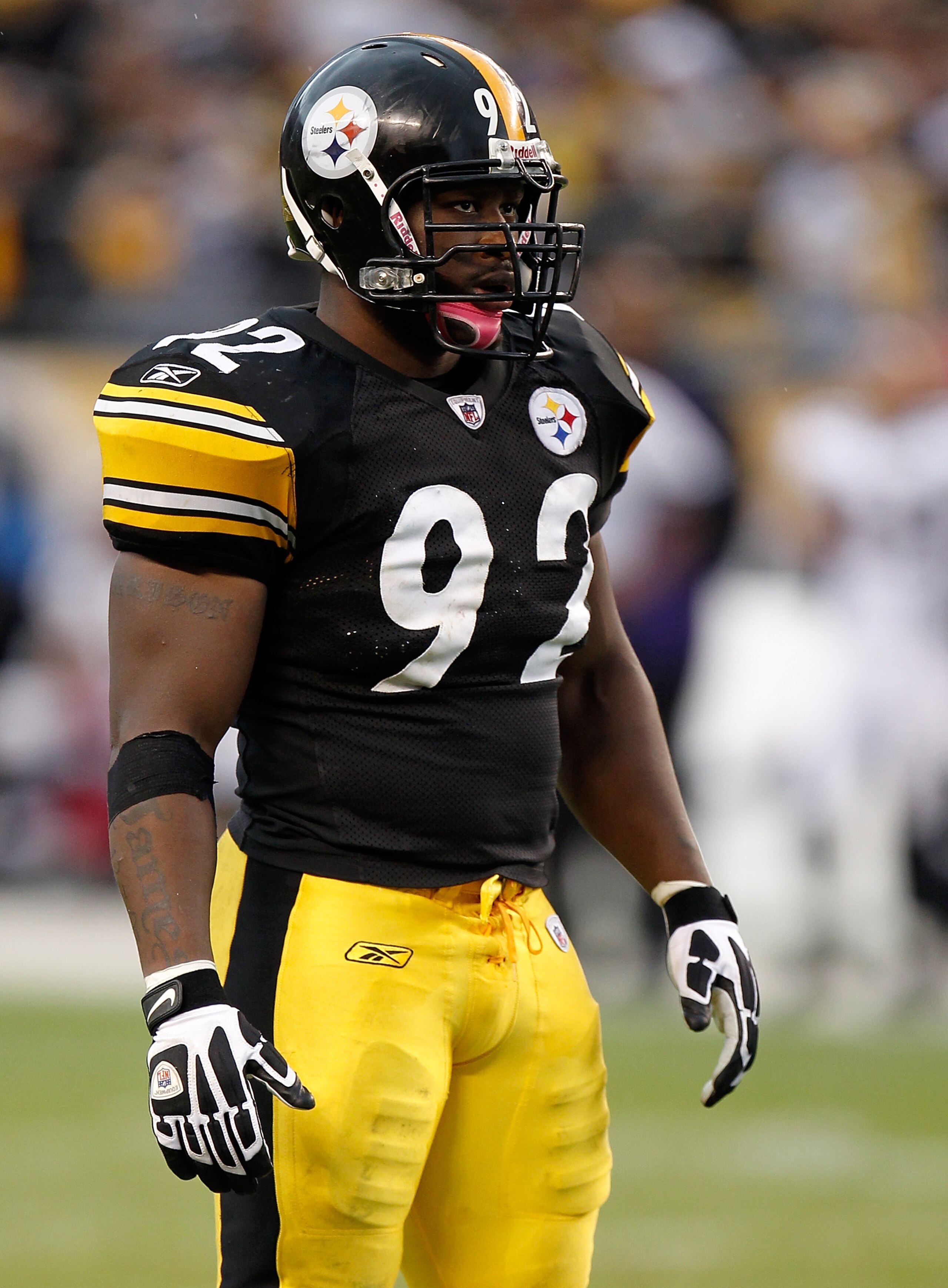 PITTSBURGH - OCTOBER 03: James Harrison #92 of the Pittsburgh Steelers looks on during the game against the Baltimore Ravens on October 3, 2010 at Heinz Field in Pittsburgh, Pennsylvania. (Photo by Gregory Shamus/Getty Images)