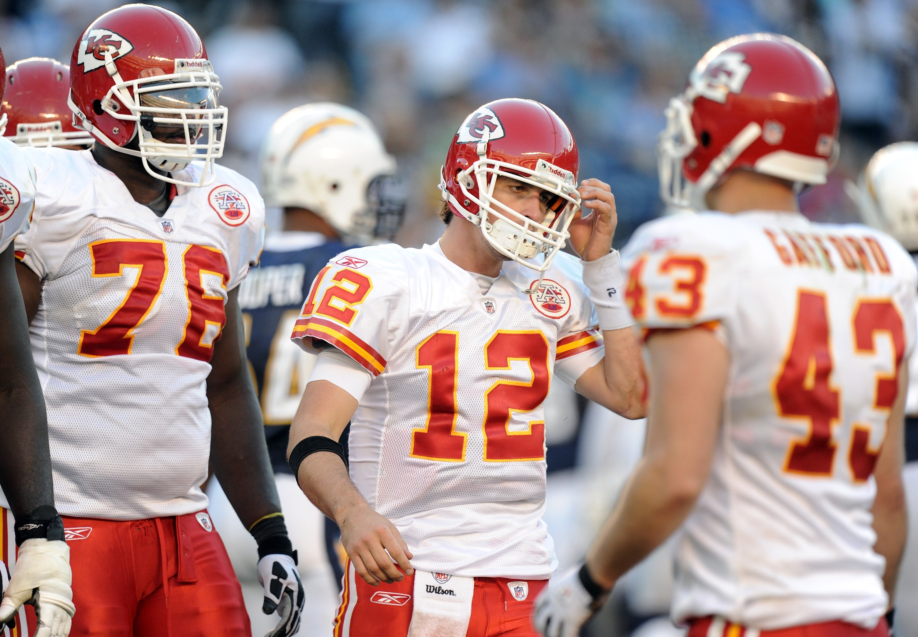 SAN DIEGO, CA - DECEMBER 12:  Brodie Croyle #12 and Branden Albert #76 of the Kansas City Chiefs react after a failed third down attempt against the San Diego Chargers during the fourth quarter at Qualcomm Stadium on December 12, 2010 in San Diego, Califo