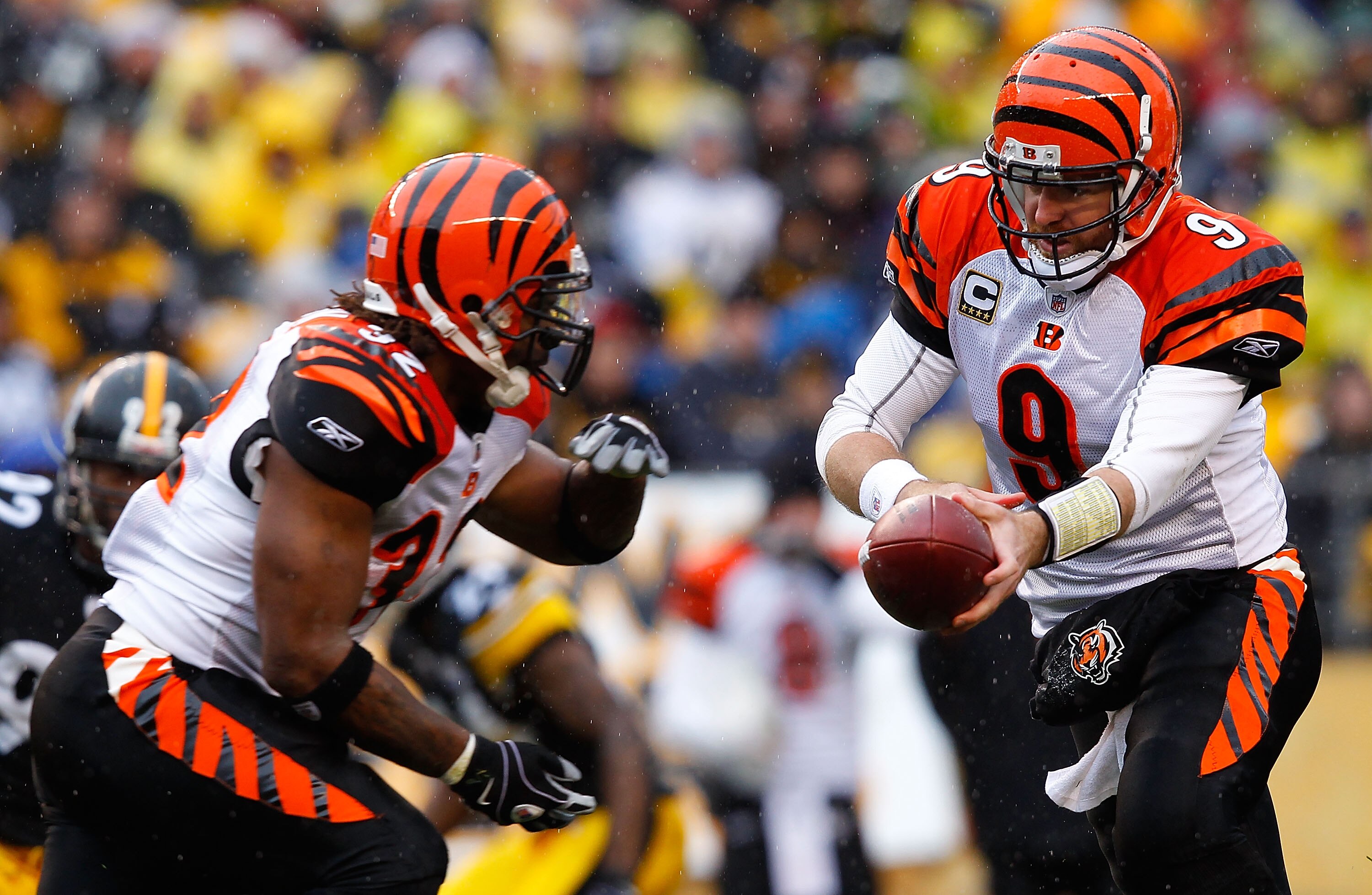 PITTSBURGH - DECEMBER 12:  Carson Palmer #9 hands the ball off to teammate Cedric Benson #32 of the Cincinnati Bengals during the game against the Pittsburgh Steelers on December 12, 2010 at Heinz Field in Pittsburgh, Pennsylvania.  (Photo by Jared Wicker