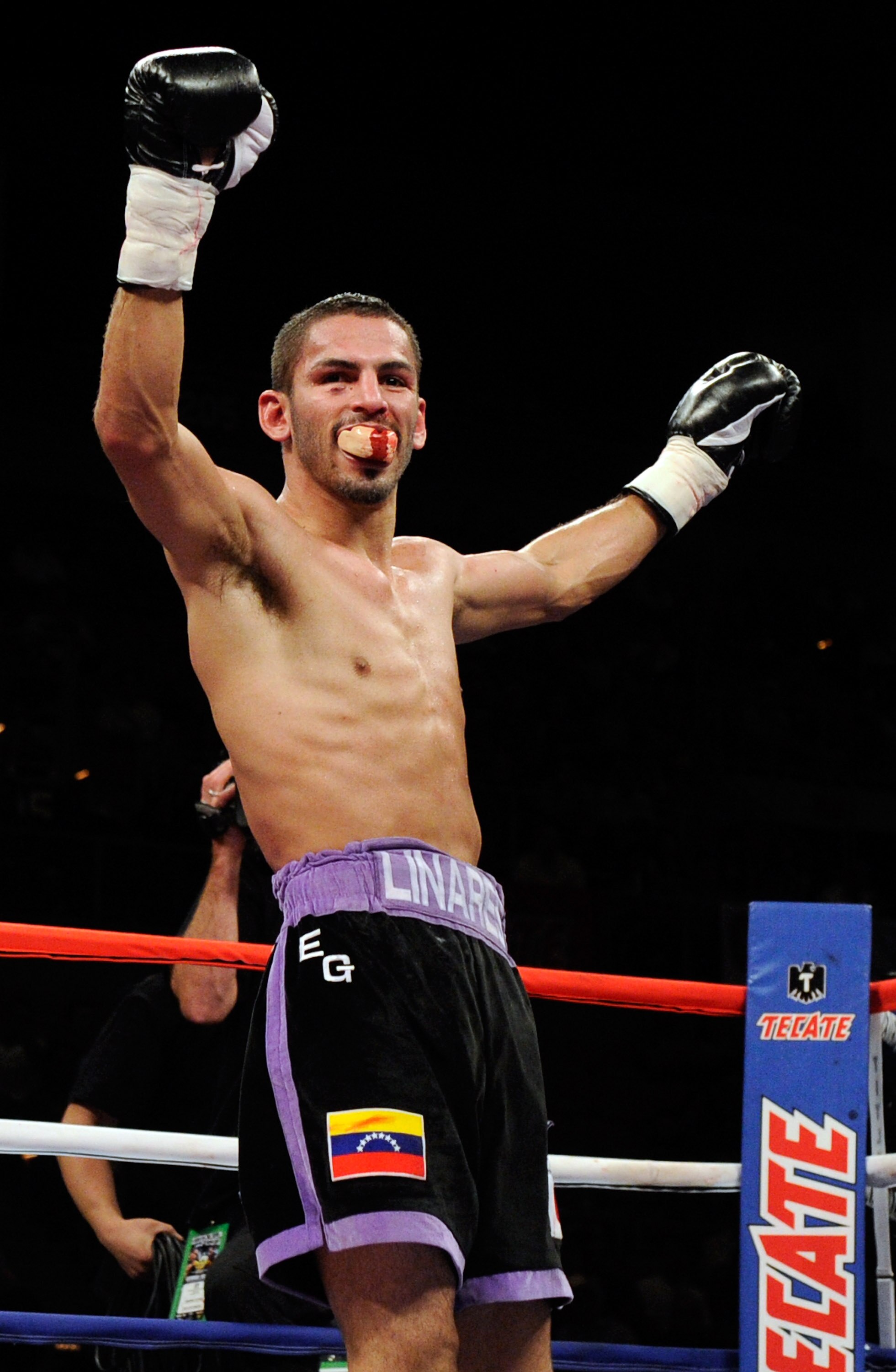 LAS VEGAS - JULY 31:  Jorge Linares celebrates at the end of his lightweight fight against Rocky Juarez at the Mandalay Bay Events Center July 31, 2010 in Las Vegas, Nevada. Linares beat Juarez by unanimous decision.  (Photo by Ethan Miller/Getty Images)