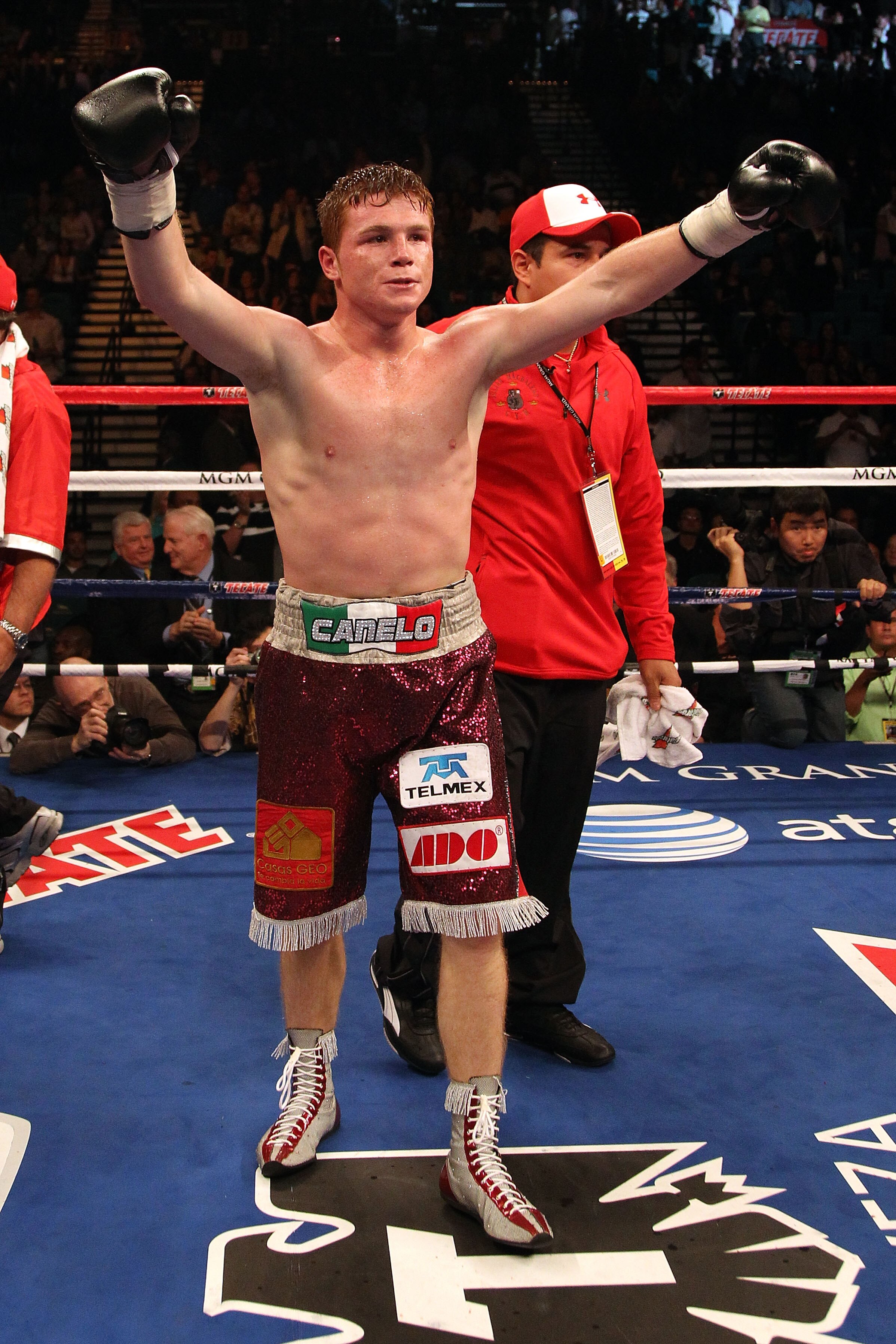 LAS VEGAS - MAY 01:  Saul Alvarez of Mexico reacts after knocking out Jose Miguel Cotto of Puerto Rico in the ninth round during the welterweight fight at the MGM Grand Garden Arena on May 1, 2010 in Las Vegas, Nevada.  (Photo by Jed Jacobsohn/Getty Image