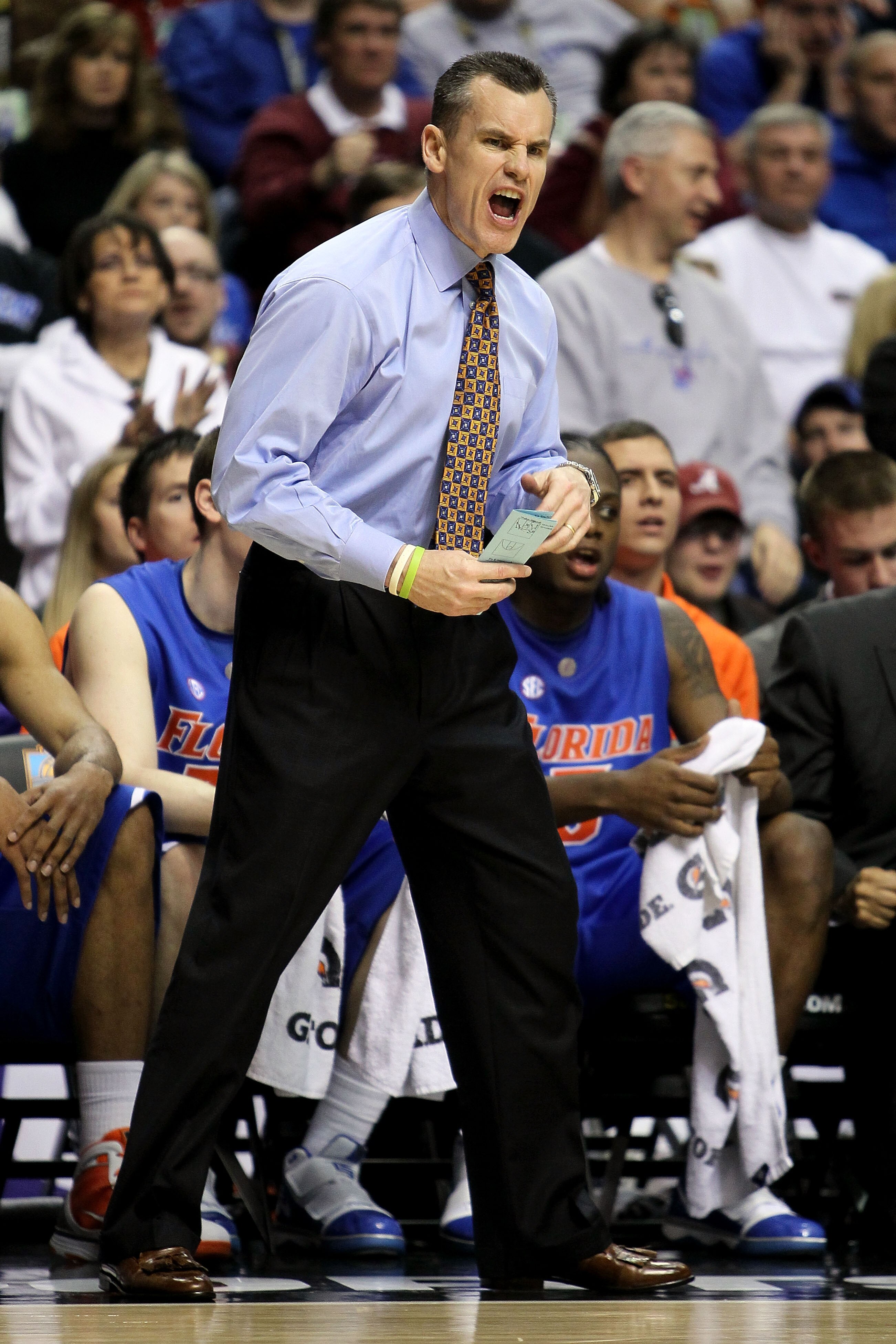 NASHVILLE, TN - MARCH 12:  Head coach Billy Donovan of the Florida Gators reacts as he coaches against the Mississippi State Bulldogs during the quarterfinals of the SEC Men's Basketball Tournament at the Bridgestone Arena on March 12, 2010 in Nashville,