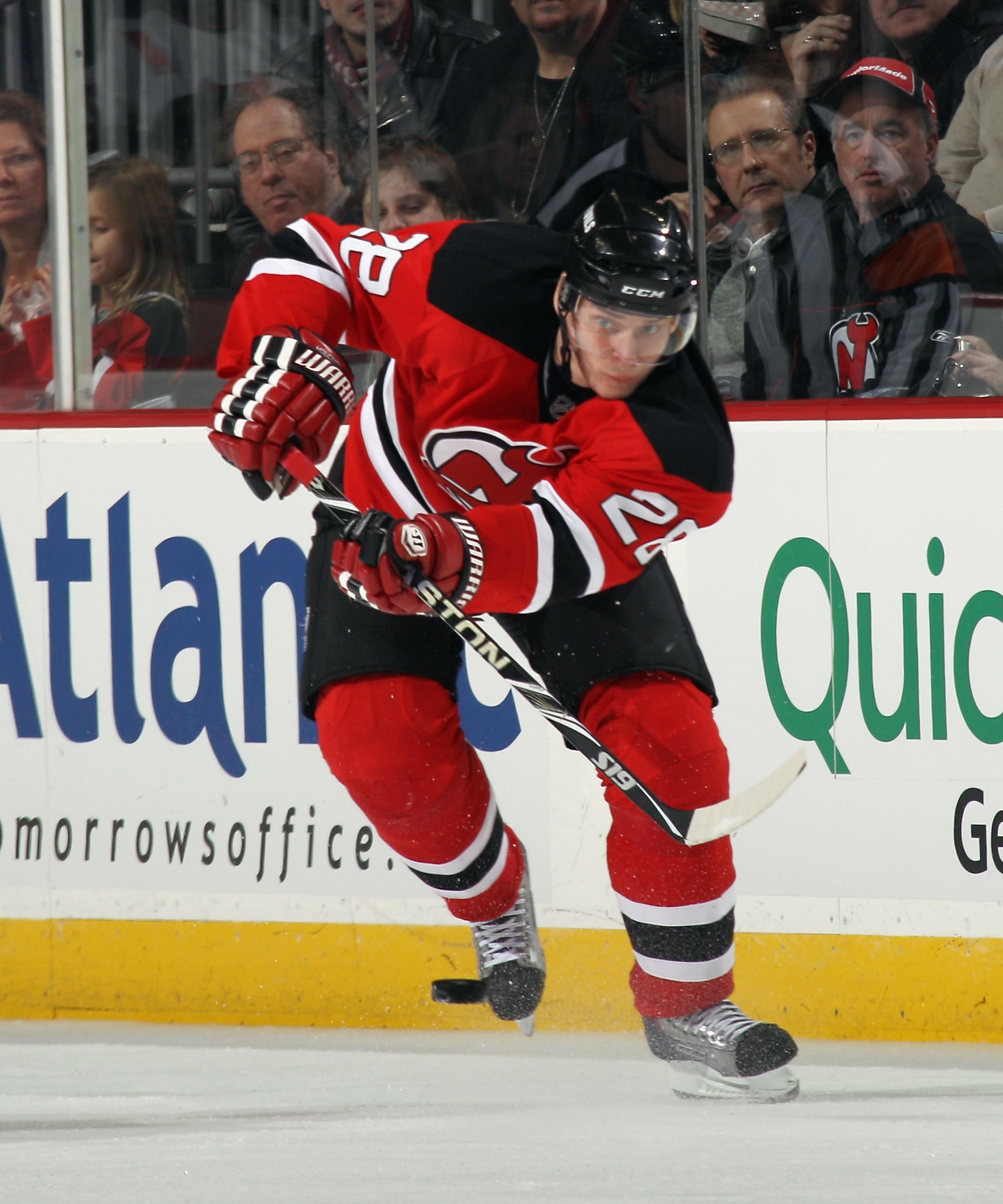 NEWARK, NJ - DECEMBER 11: Anton Volchenkov #28 of the New Jersey Devils skates against the Detroit Red Wings at the Prudential Center on December 11, 2010 in Newark, New Jersey. The Red Wings defeated the the Devils 4-1.  (Photo by Bruce Bennett/Getty Ima