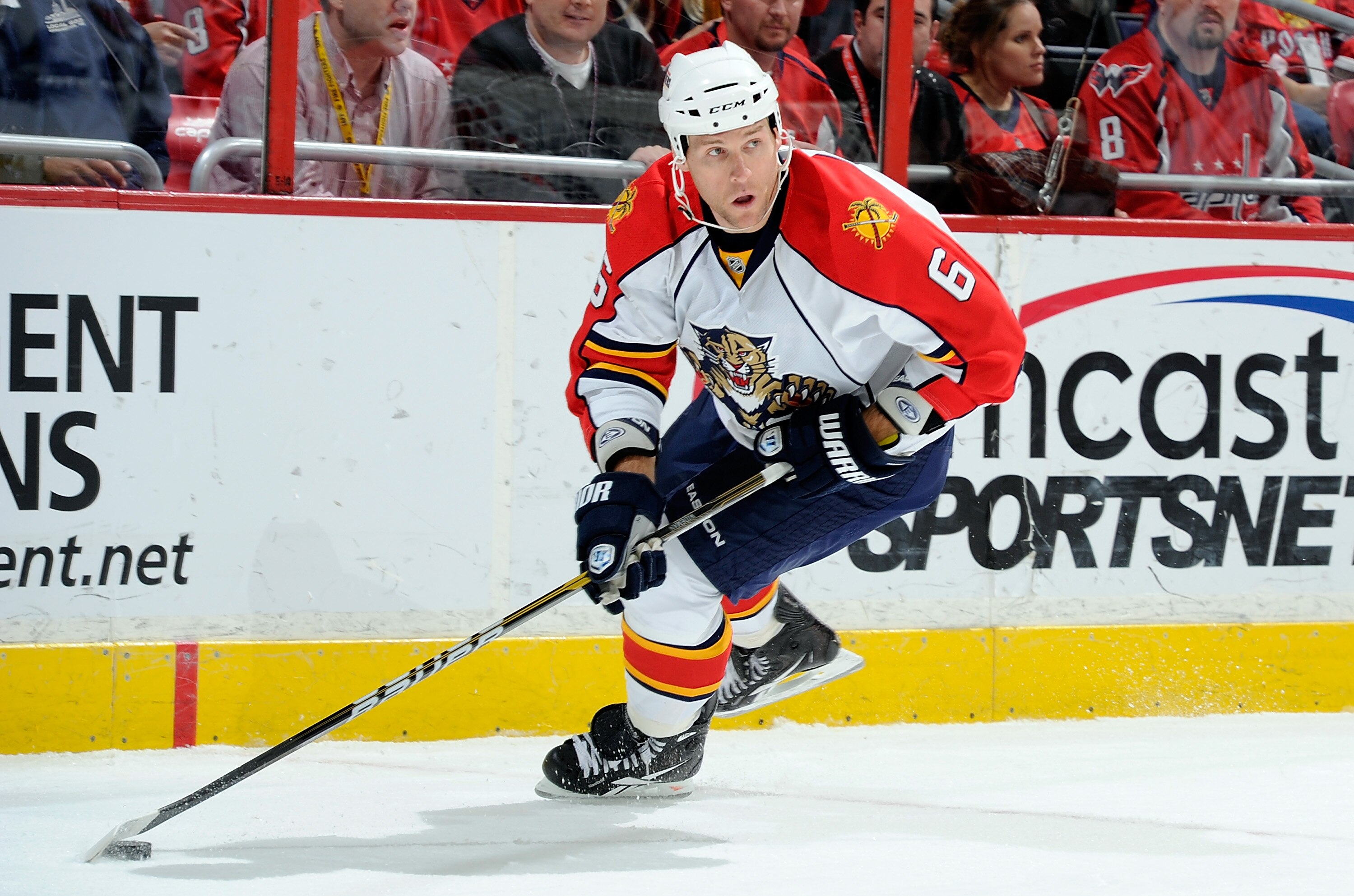 WASHINGTON, DC - DECEMBER 09:  Dennis Wideman #6 of the Florida Panthers brings the puck up the ice against the Washington Capitals at the Verizon Center on December 9, 2010 in Washington, DC. The Panthers won the game 3-0.  (Photo by Greg Fiume/Getty Ima