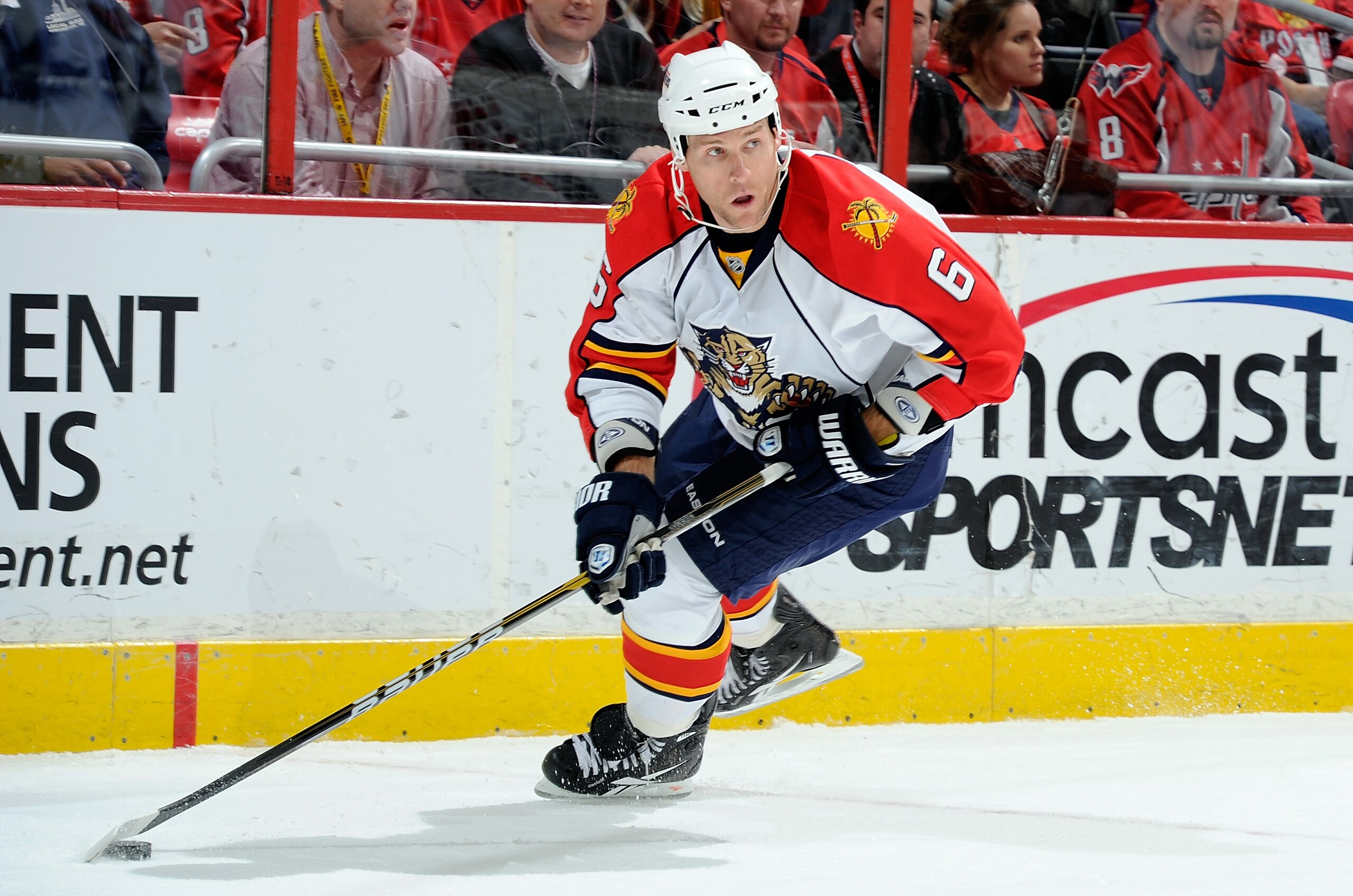 WASHINGTON, DC - DECEMBER 09: Dennis Wideman #6 of the Florida Panthers brings the puck up the ice against the Washington Capitals at the Verizon Center on December 9, 2010 in Washington, DC. The Panthers won the game 3-0. (Photo by Greg Fiume/Getty Ima WASHINGTON, DC - DECEMBER 09: Dennis Wideman #6 of the Florida Panthers brings the puck up the ice against the Washington Capitals at the Verizon Center on December 9, 2010 in Washington, DC. The Panthers won the game 3-0. (Photo by Greg Fiume/Getty Ima