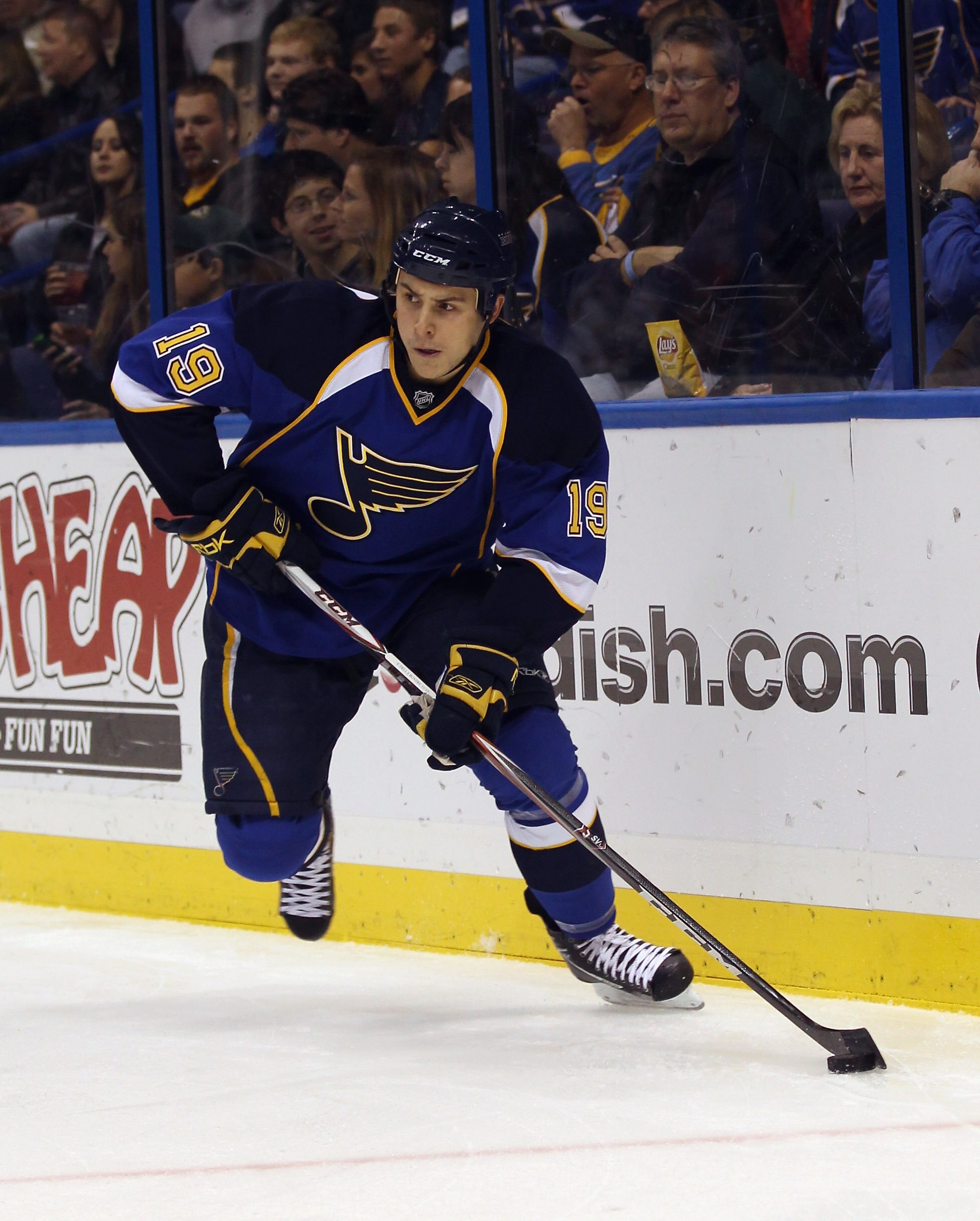 ST LOUIS, MO - DECEMBER 09:  Stefan Della Rovere #19 of the St. Louis Blues skates against the Columbus Blue Jackets at the Scottrade Center on December 9, 2010 in St Louis, Missouri. The Blues defeated The Blue Jackets 4-1.  (Photo by Bruce Bennett/Getty
