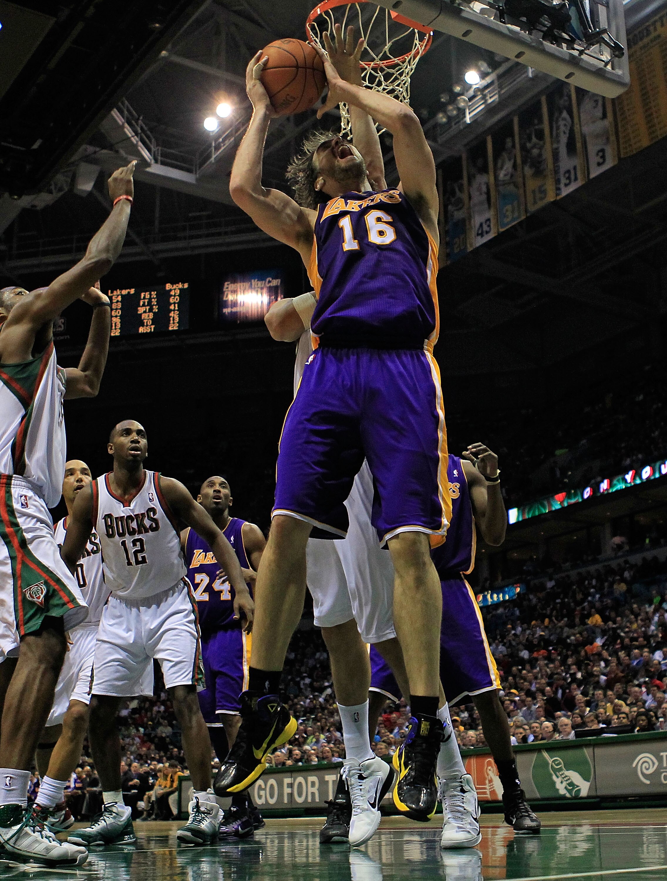 MILWAUKEE - NOVEMBER 16: Pau Gasol #16 of the Los Angeles Lakers goes up for shot against the Milwaukee Bucks at the Bradley Center on November 16, 2010 in Milwaukee, Wisconsin. The Lakers defeated the Bucks 118-107. NOTE TO USER: User expressly acknowled