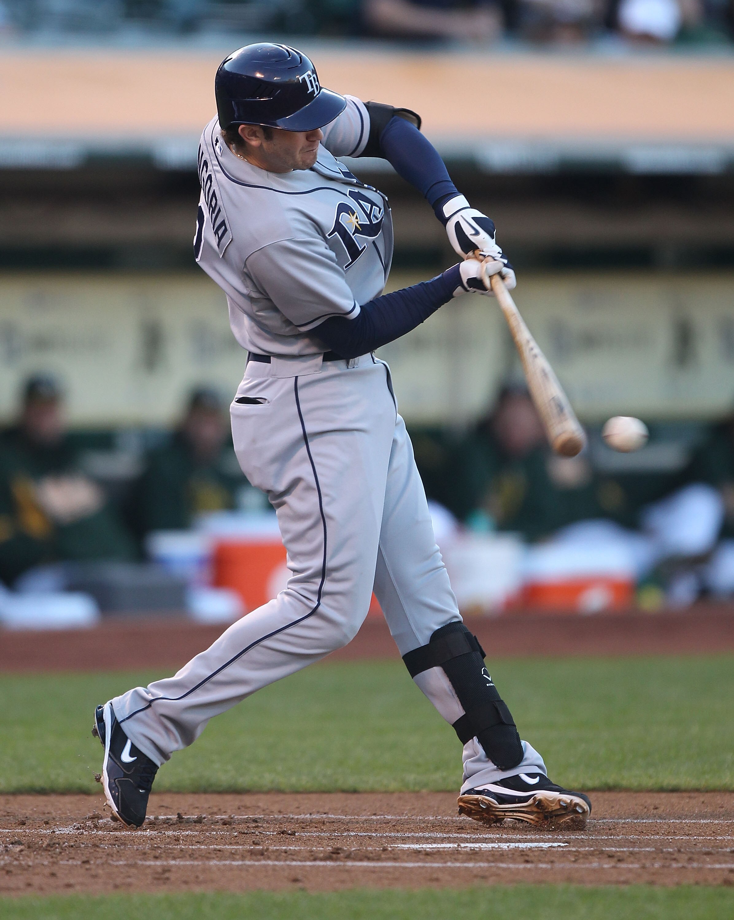 OAKLAND, CA - AUGUST 19:  Evan Longoria #3 of the Tampa Bay Rays hits into a double play against the Oakland Athletics in the first inning during an MLB game at the Oakland-Alameda County Coliseum on August 19, 2010 in Oakland, California. (Photo by Jed J