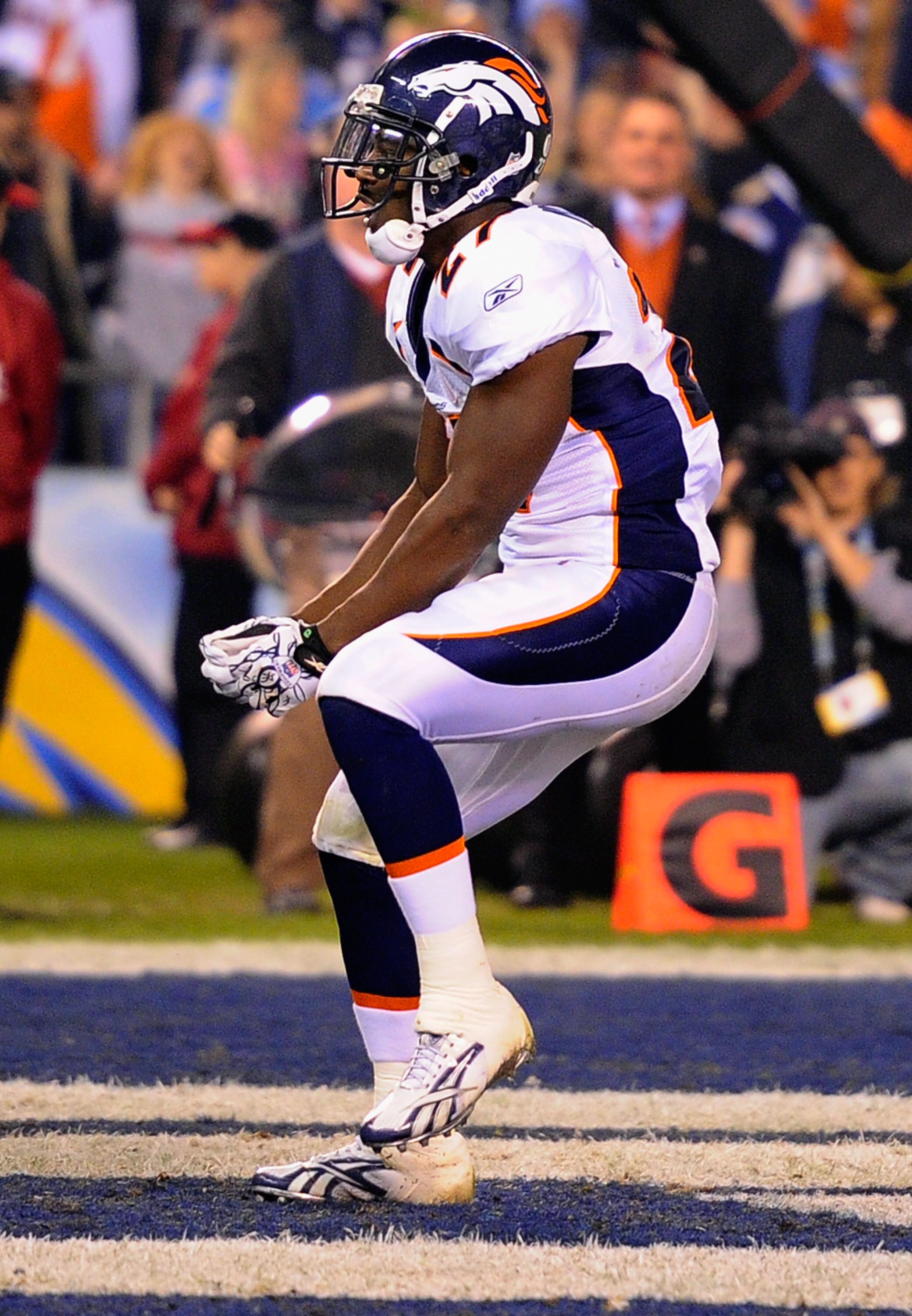 SAN DIEGO - NOVEMBER 22:  Knowshon Moreno #27 of the Denver Broncos celebrates a touchdown against the San Diego Chargers at Qualcomm Stadium on November 22, 2010 in San Diego, California. Chargers defeated the Broncos 35-14.  (Photo by Kevork Djansezian/