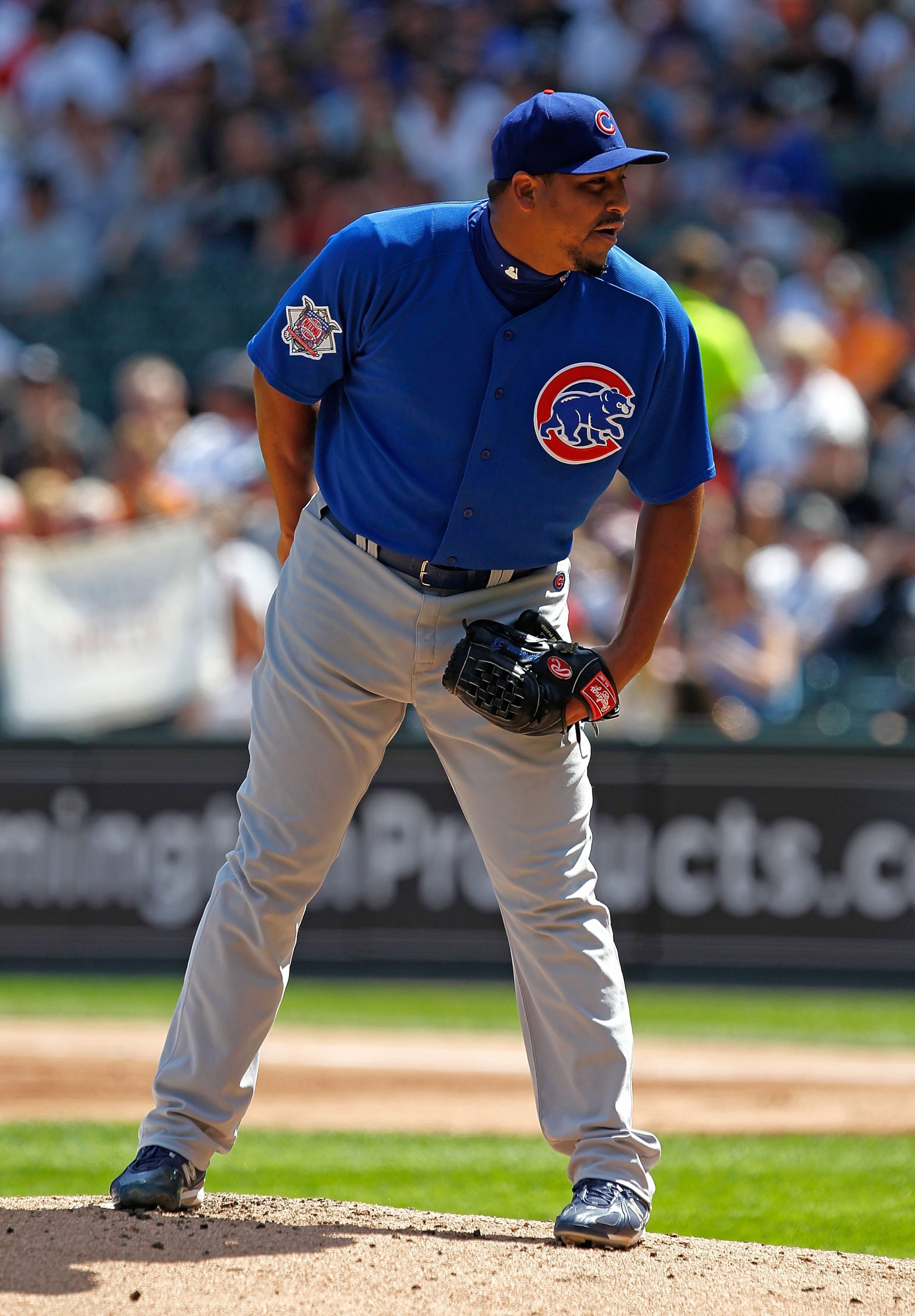 CHICAGO - JUNE 25: Starting pitcher Carlos Zambrano #38 of the Chicago Cubs looks for the catcher's signs in the 1st inning against the Chicago White Sox at U.S. Cellular Field on June 25, 2010 in Chicago, Illinois. Zambrano was suspended indefinitely by CHICAGO - JUNE 25: Starting pitcher Carlos Zambrano #38 of the Chicago Cubs looks for the catcher's signs in the 1st inning against the Chicago White Sox at U.S. Cellular Field on June 25, 2010 in Chicago, Illinois. Zambrano was suspended indefinitely by