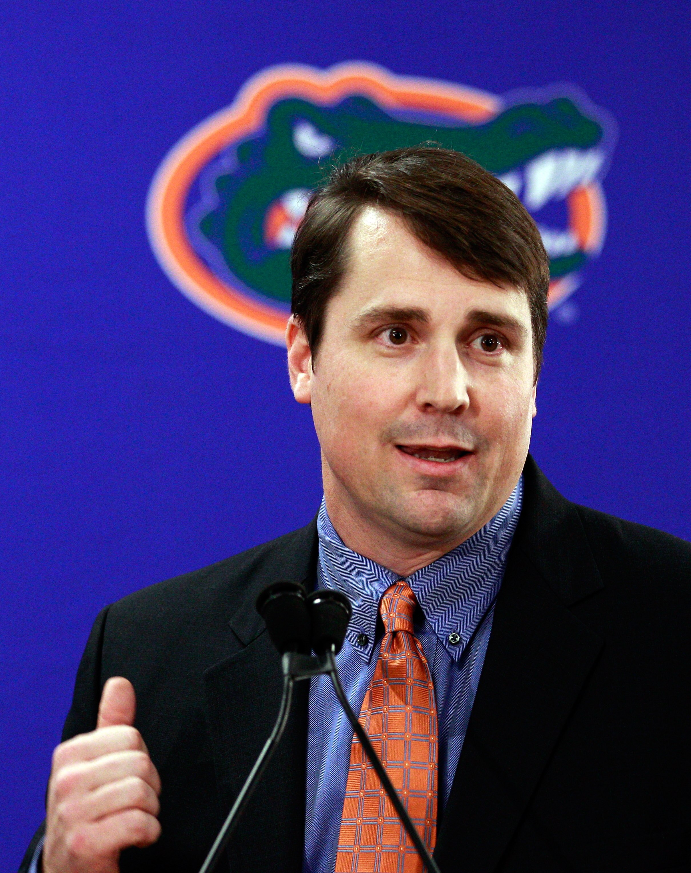 GAINESVILLE, FL - DECEMBER 14:  Former defensive coordinator for the University of Texas, Will Muschamp speaks to the media after being introduced as the head coach of the University of Florida on December 14, 2010 in Gainesville, Florida.  Muschamp is re