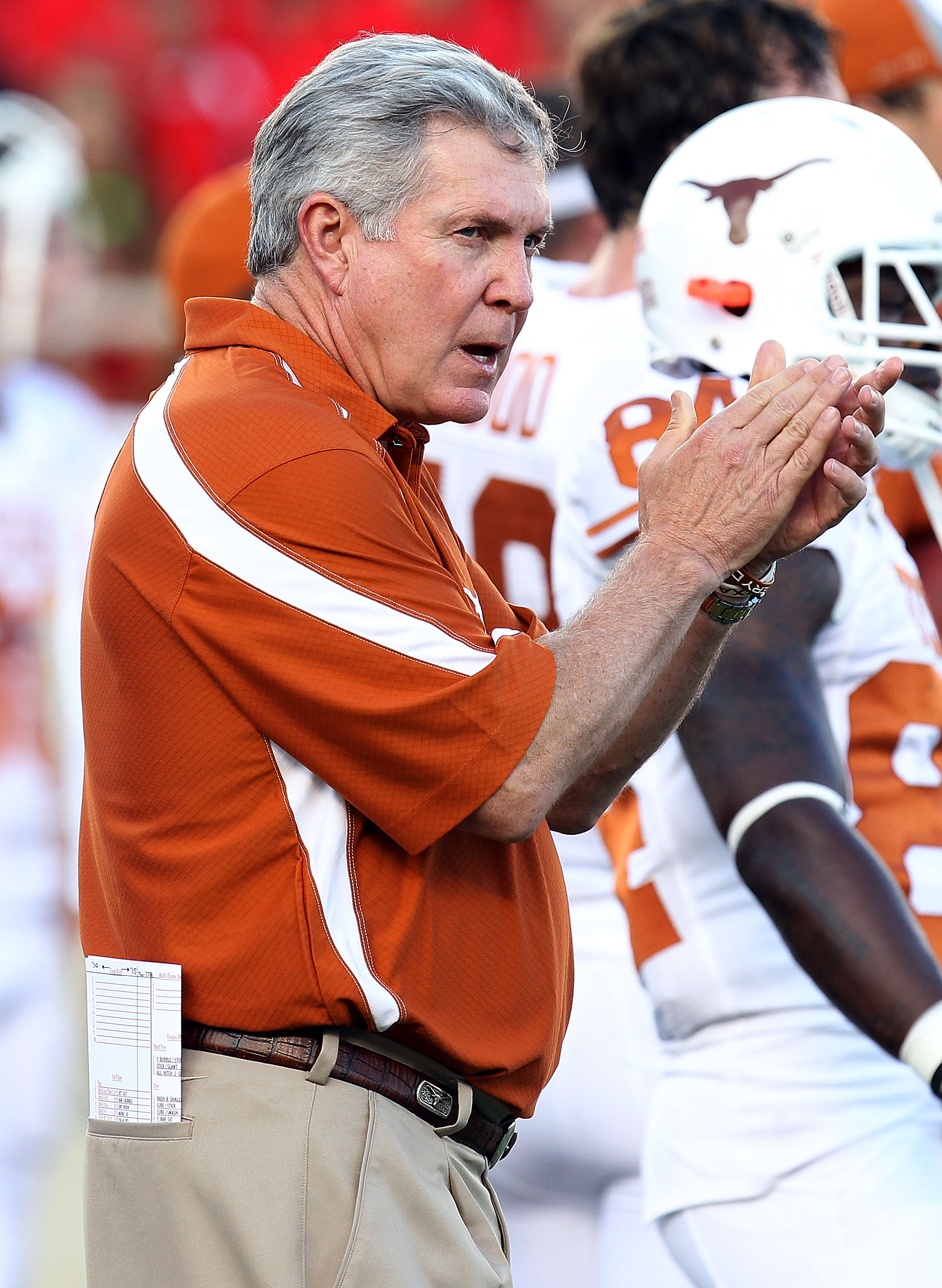 LUBBOCK, TX - SEPTEMBER 18:  Head coach Mack Brown of the Texas Longhorns at Jones AT&T Stadium on September 18, 2010 in Lubbock, Texas.  (Photo by Ronald Martinez/Getty Images)