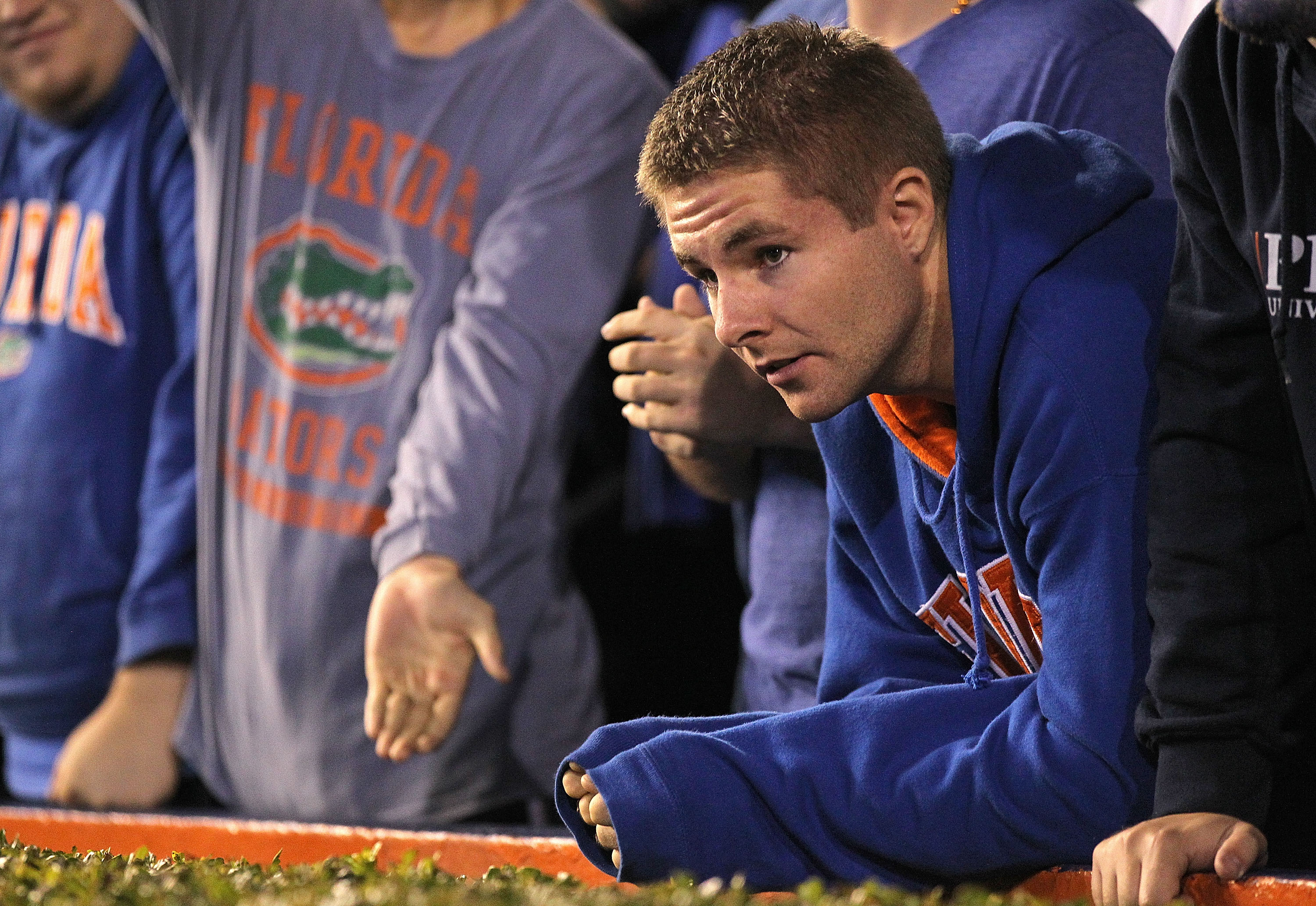 GAINESVILLE, FL - NOVEMBER 13:  A Florida Gators fan looks on dejected during a game against the South Carolina Gamecocks at Ben Hill Griffin Stadium on November 13, 2010 in Gainesville, Florida. The Gamecocks beat the Gators 36-14.  (Photo by Mike Ehrman