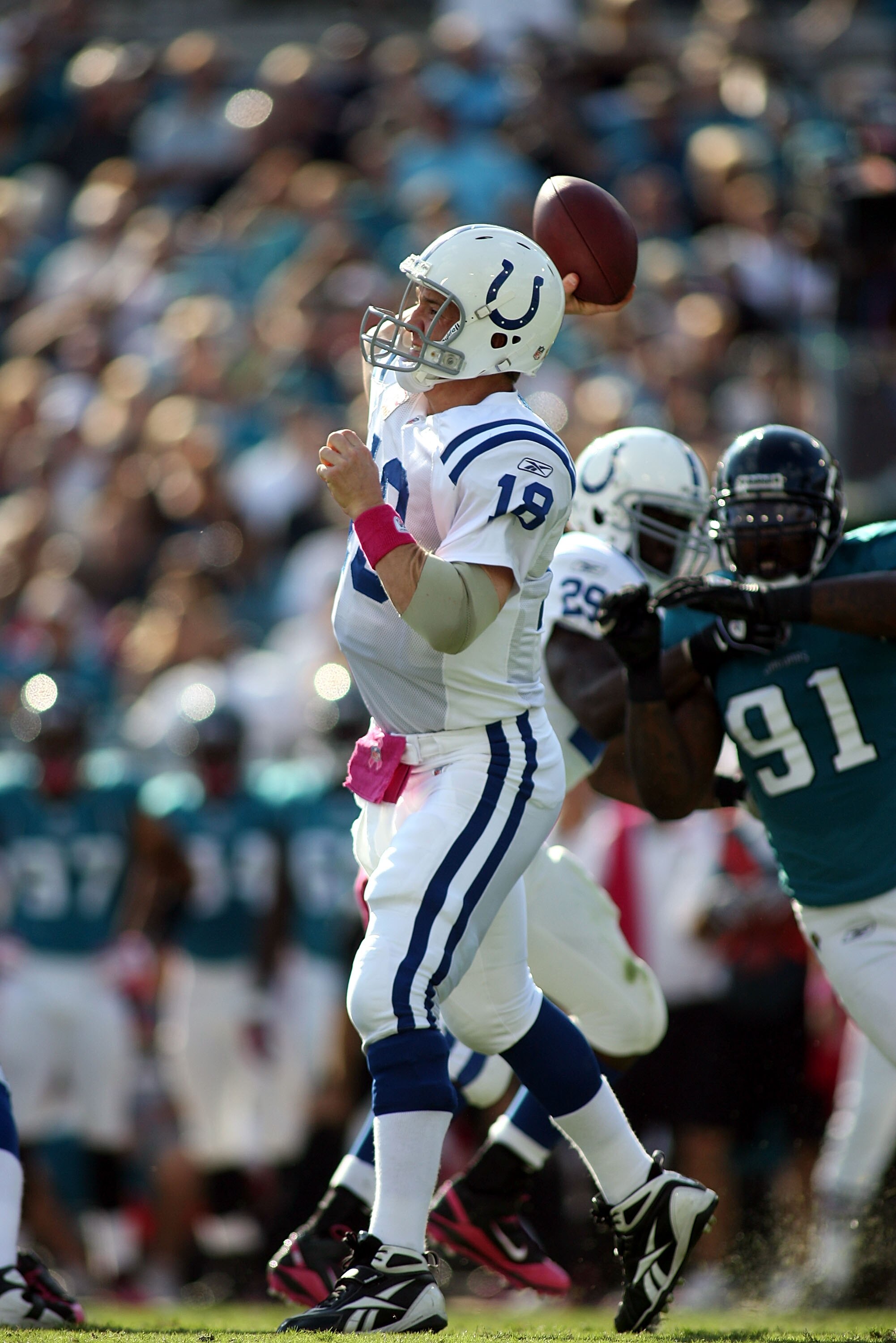 JACKSONVILLE, FL - OCTOBER 03:  Quarterback Peyton Manning #18 of the Indianapolis Colts throws while taking on the Jacksonville Jaguars at EverBank Field on October 3, 2010 in Jacksonville, Florida. The Jaguars won 31-28.  (Photo by Marc Serota/Getty Ima