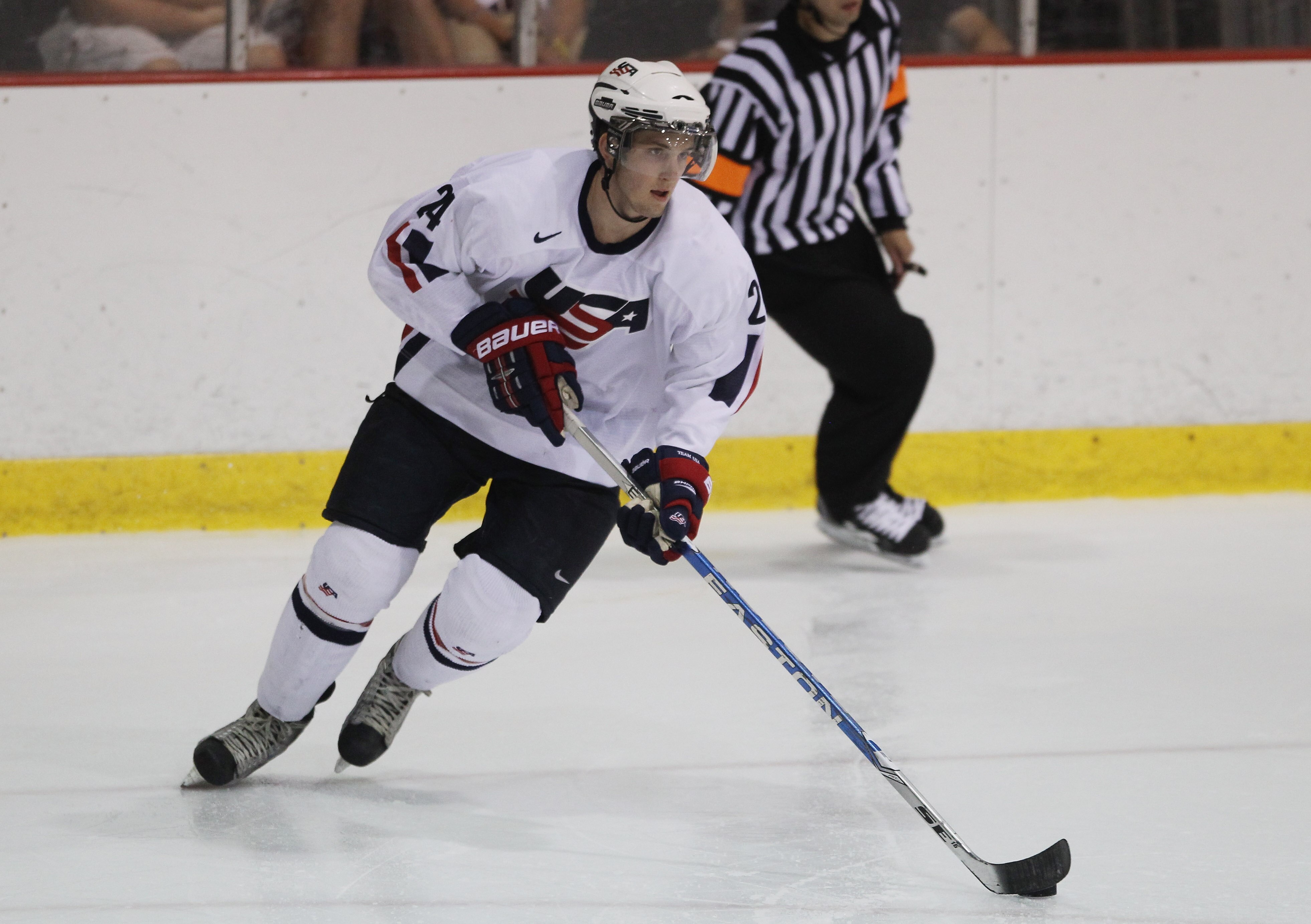 LAKE PLACID, NY - AUGUST 04:  Derek Forbort #24 of Team USA skates against Team Finland at the USA Hockey National Evaluation Camp on August 4, 2010 in Lake Placid, New York. The USA defeated Finland 6-3.  (Photo by Bruce Bennett/Getty Images)